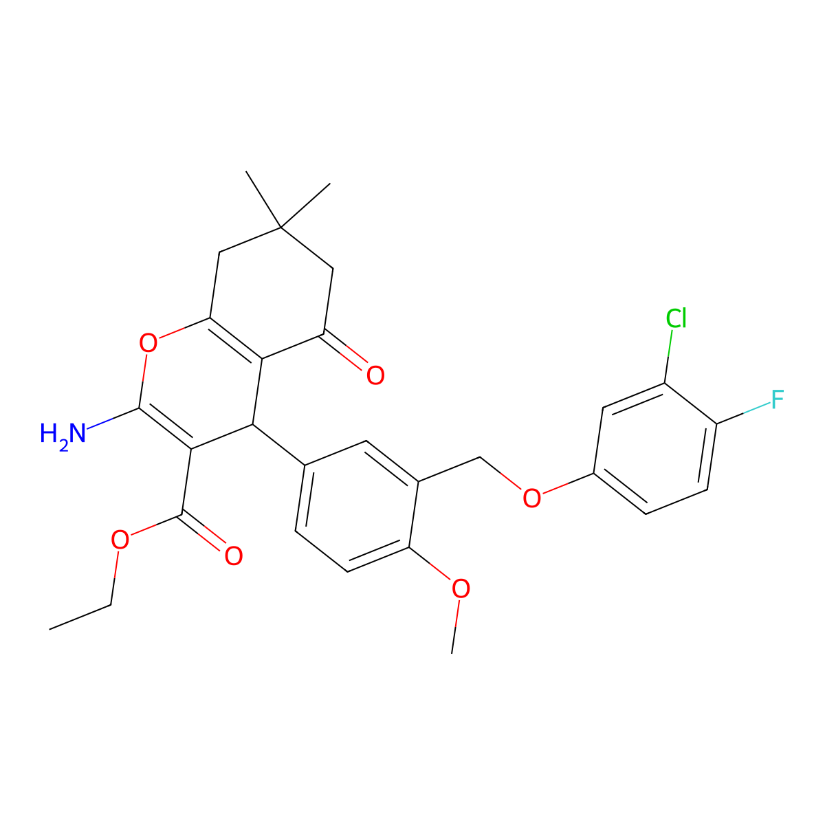 ethyl 2-amino-4-{3-[(3-chloro-4-fluorophenoxy)methyl]-4-methoxyphenyl}-7,7-dimethyl-5-oxo-5,6,7,8-tetrahydro-4H-chromene-3-carboxylate molecular structure, CAS 445037-50-3