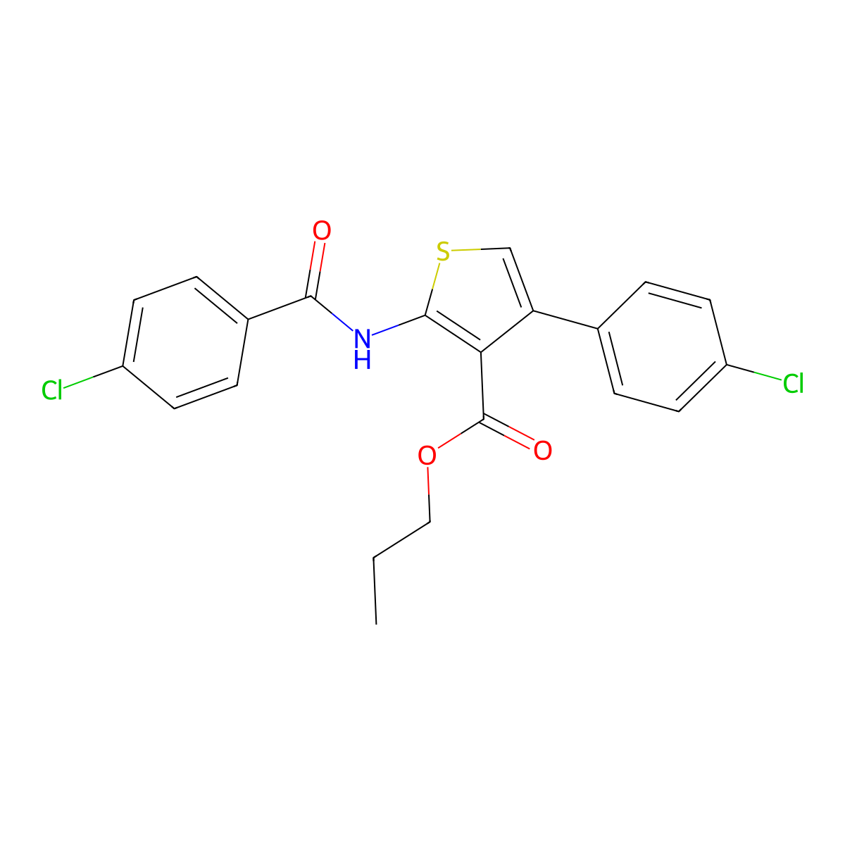 Propyl 2-[(4-chlorobenzoyl)amino]-4-(4-chlorophenyl)-3-thiophenecarboxylate molecular structure, CAS 445037-56-9