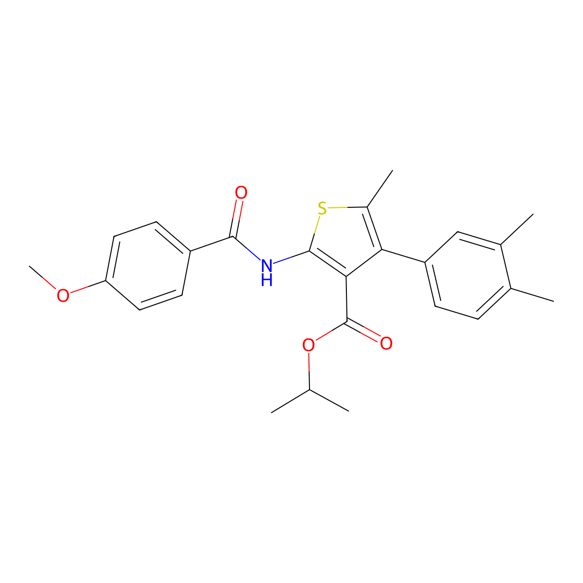 Isopropyl 4-(3,4-dimethylphenyl)-2-[(4-methoxybenzoyl)amino]-5-methyl-3-thiophenecarboxylate molecular structure, CAS 445037-57-0