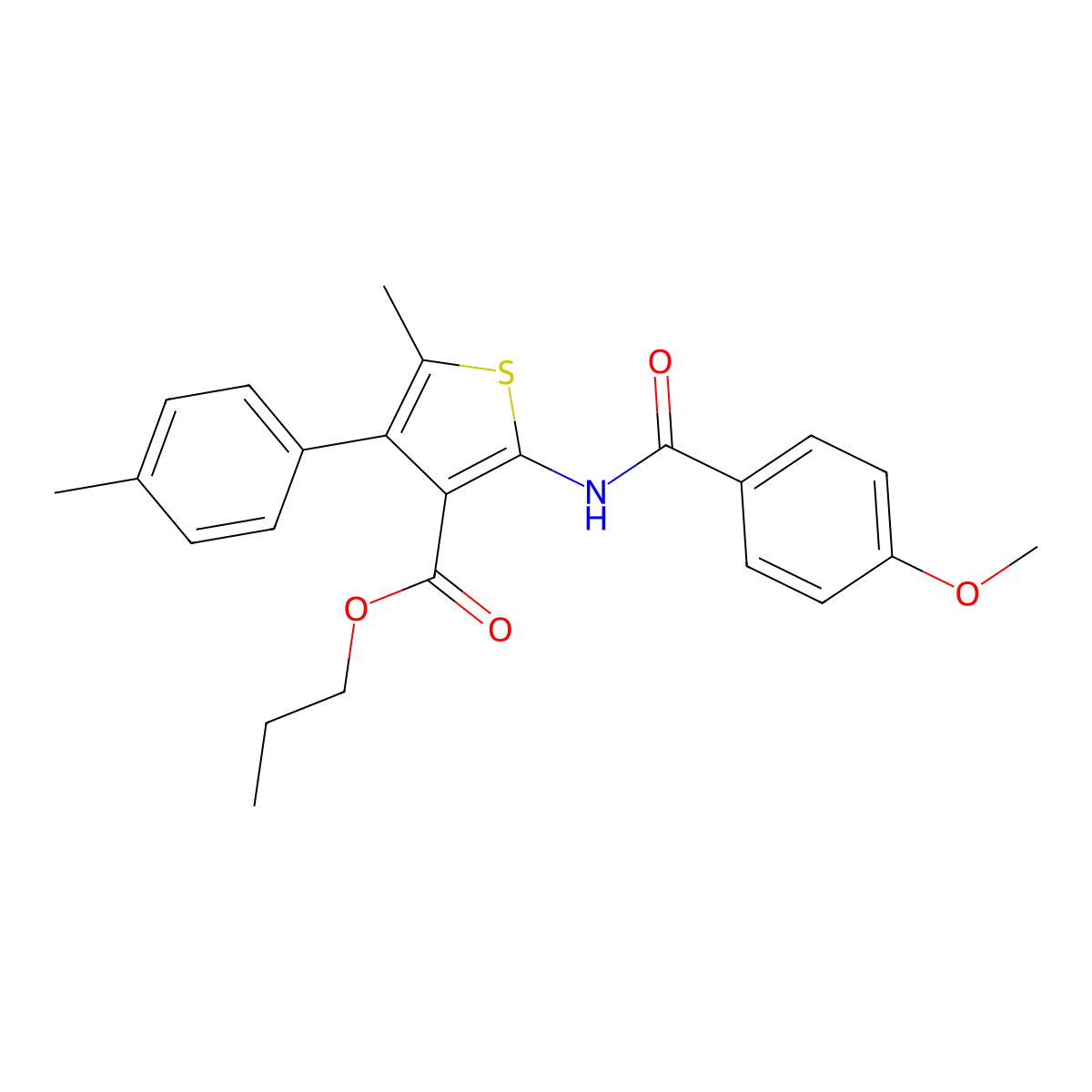 Propyl 2-[(4-methoxybenzoyl)amino]-5-methyl-4-(4-methylphenyl)-3-thiophenecarboxylate molecular structure, CAS 445037-59-2