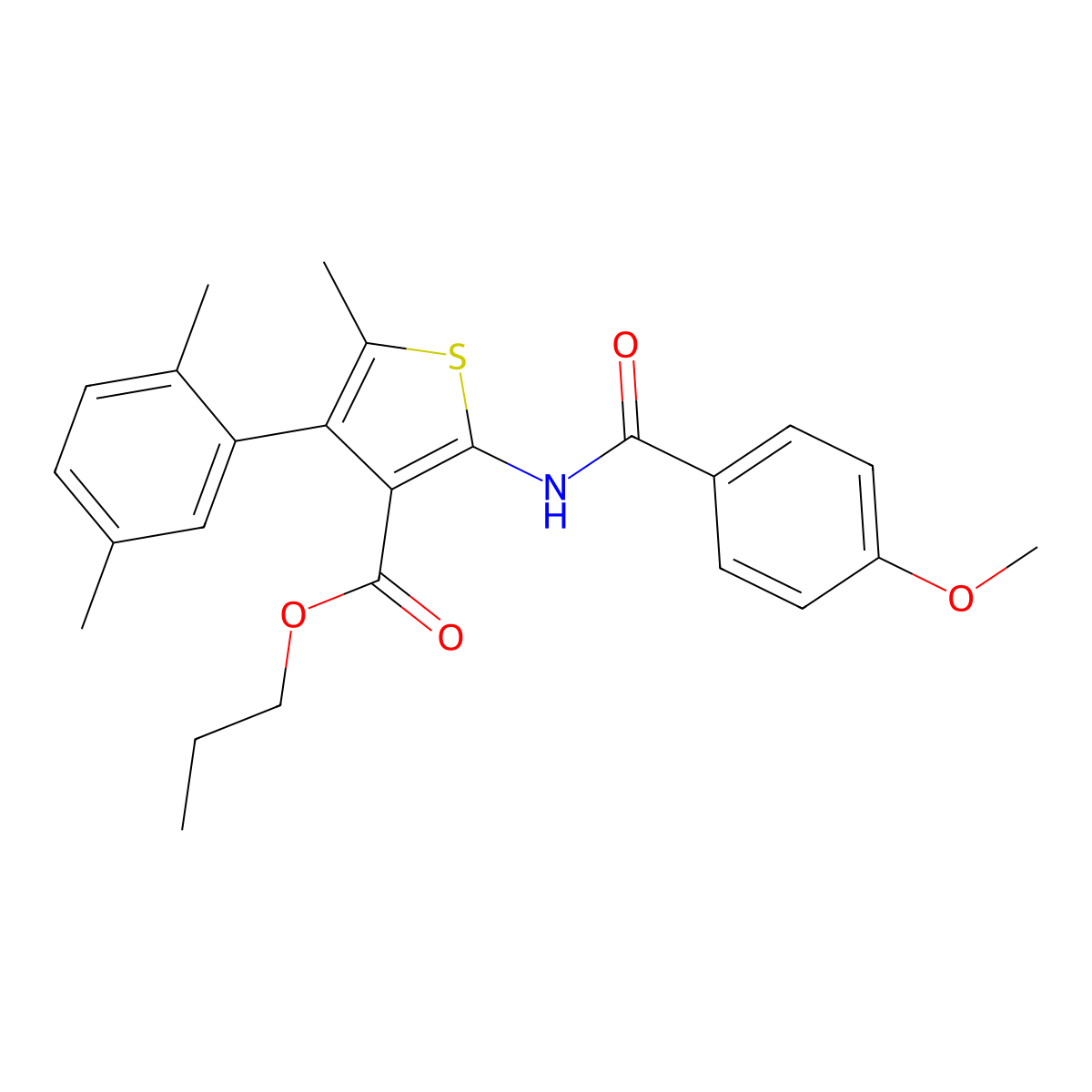 Propyl 4-(2,5-dimethylphenyl)-2-[(4-methoxybenzoyl)amino]-5-methyl-3-thiophenecarboxylate molecular structure, CAS 445037-60-5
