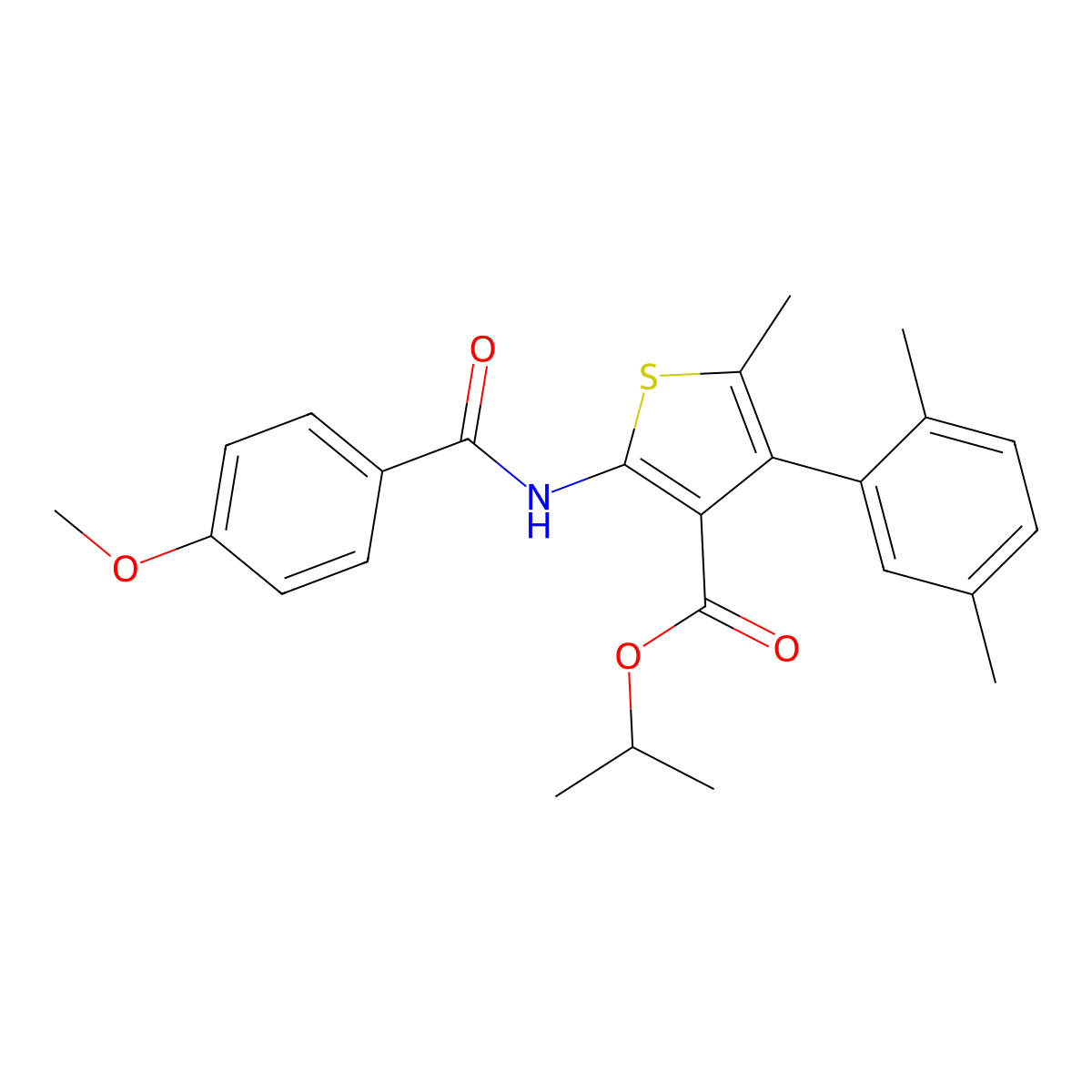 Isopropyl 4-(2,5-dimethylphenyl)-2-[(4-methoxybenzoyl)amino]-5-methyl-3-thiophenecarboxylate molecular structure, CAS 445037-72-9
