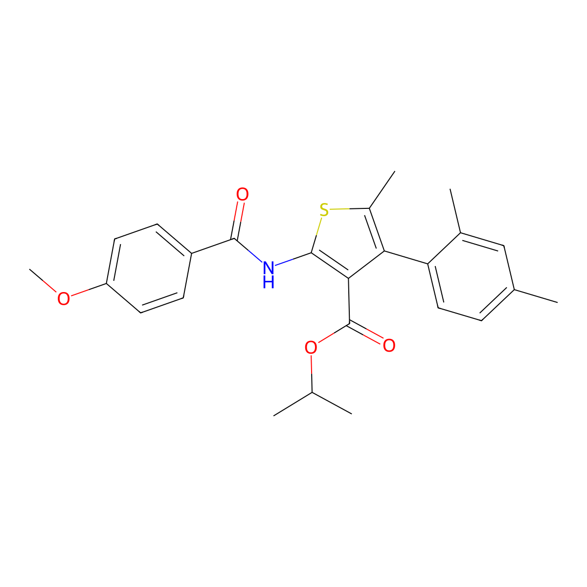 Isopropyl 4-(2,4-dimethylphenyl)-2-[(4-methoxybenzoyl)amino]-5-methyl-3-thiophenecarboxylate molecular structure, CAS 445037-73-0