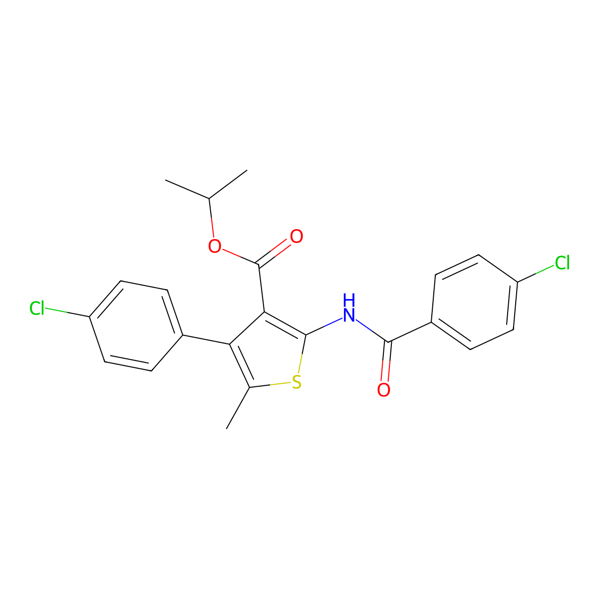 Isopropyl 2-[(4-chlorobenzoyl)amino]-4-(4-chlorophenyl)-5-methyl-3-thiophenecarboxylate molecular structure, CAS 445037-78-5