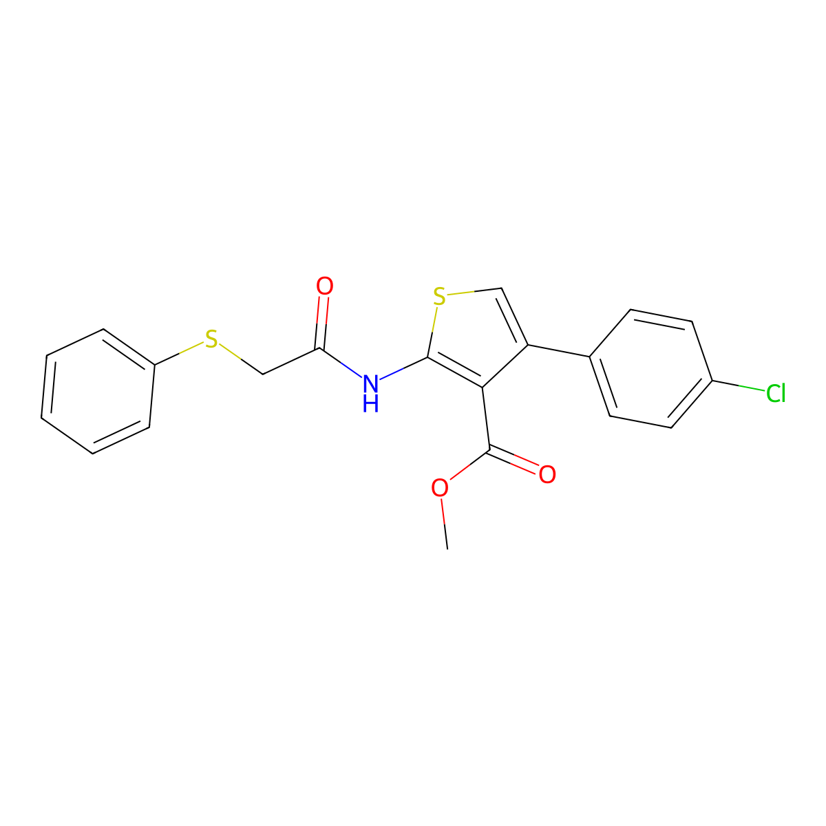 Methyl 4-(4-chlorophenyl)-2-{[(phenylsulfanyl)acetyl]amino}-3-thiophenecarboxylate molecular structure, CAS 445037-80-9