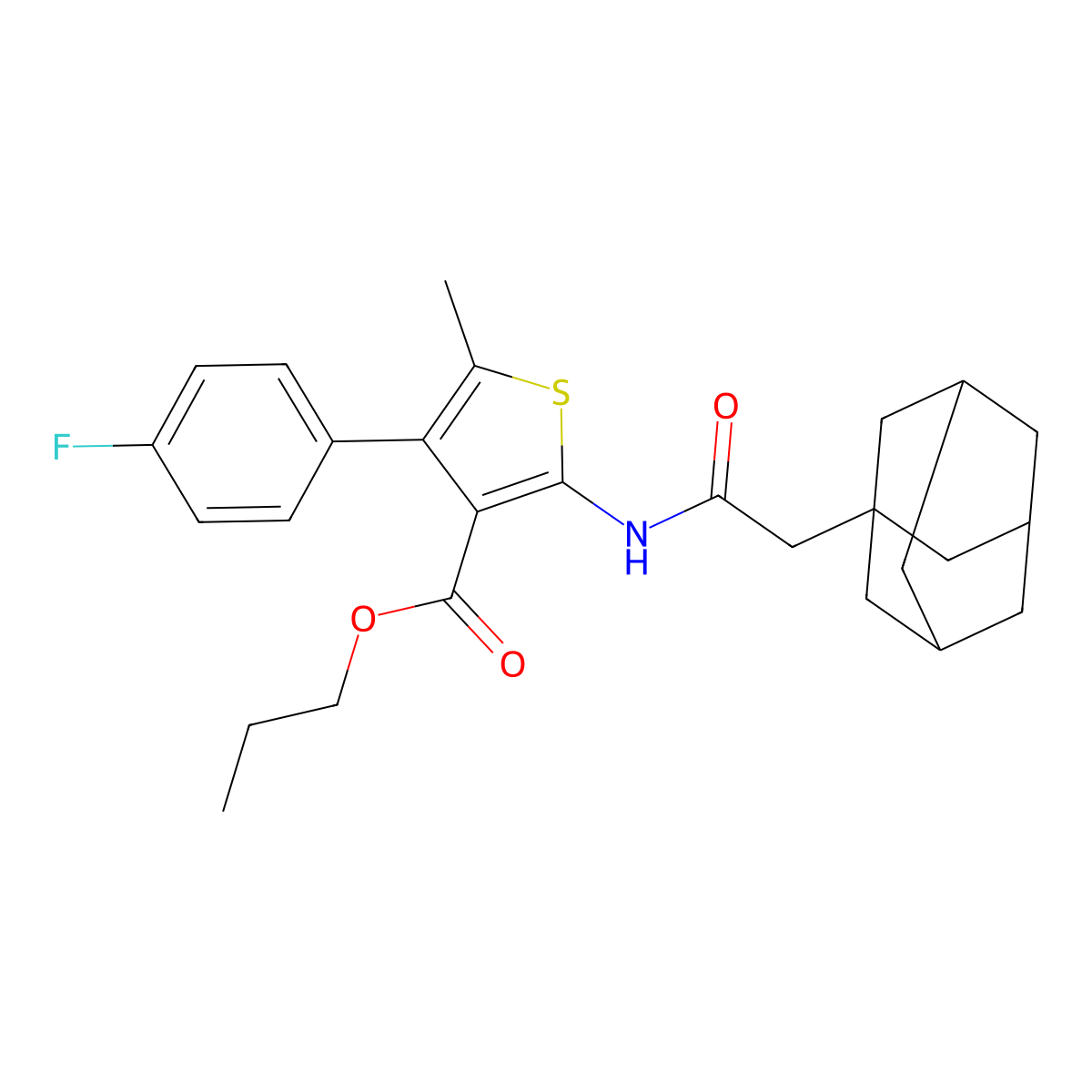 Propyl 2-[(1-adamantylacetyl)amino]-4-(4-fluorophenyl)-5-methyl-3-thiophenecarboxylate molecular structure, CAS 445037-87-6