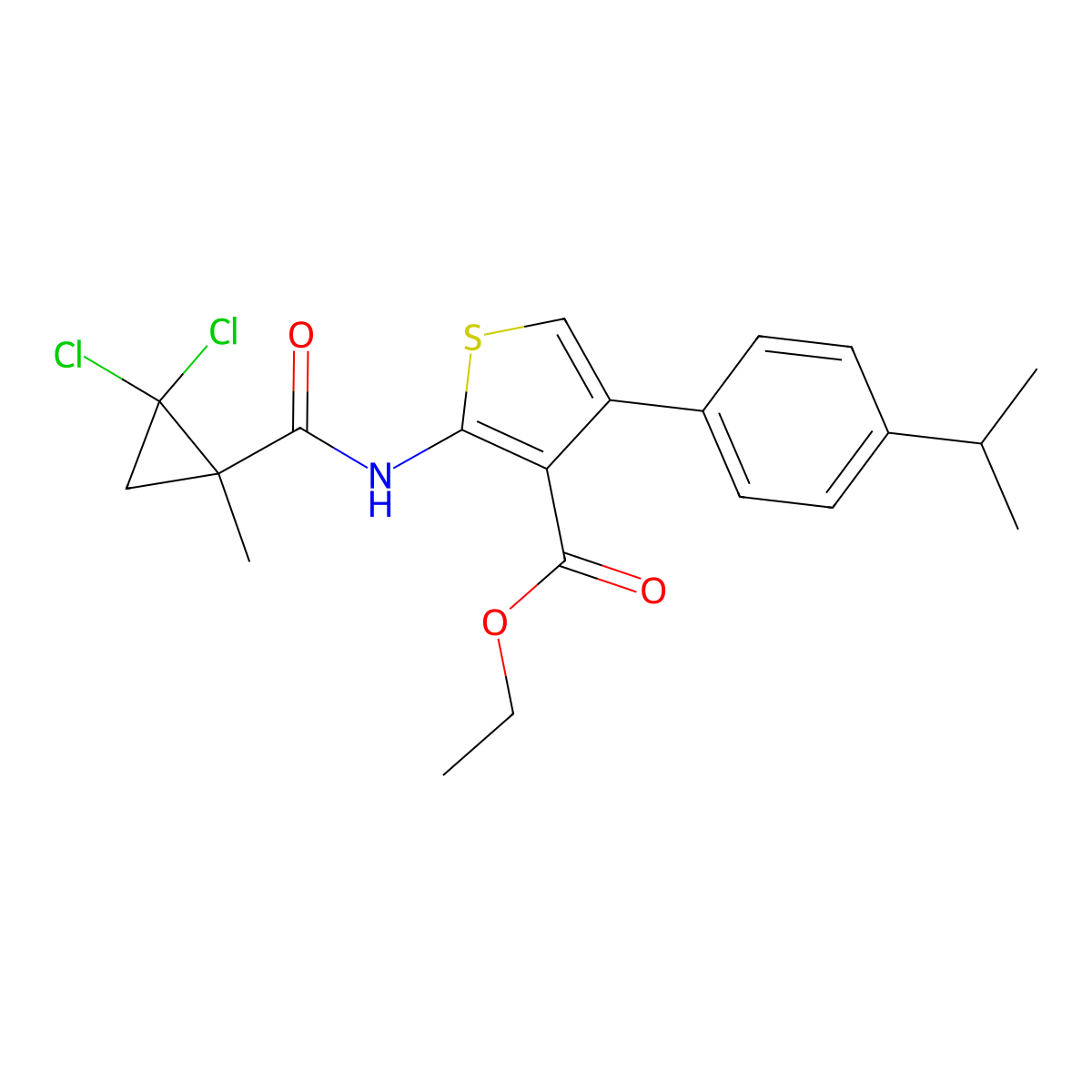 Ethyl 2-{[(2,2-dichloro-1-methylcyclopropyl)carbonyl]amino}-4-(4-isopropylphenyl)-3-thiophenecarboxylate molecular structure, CAS 445037-88-7