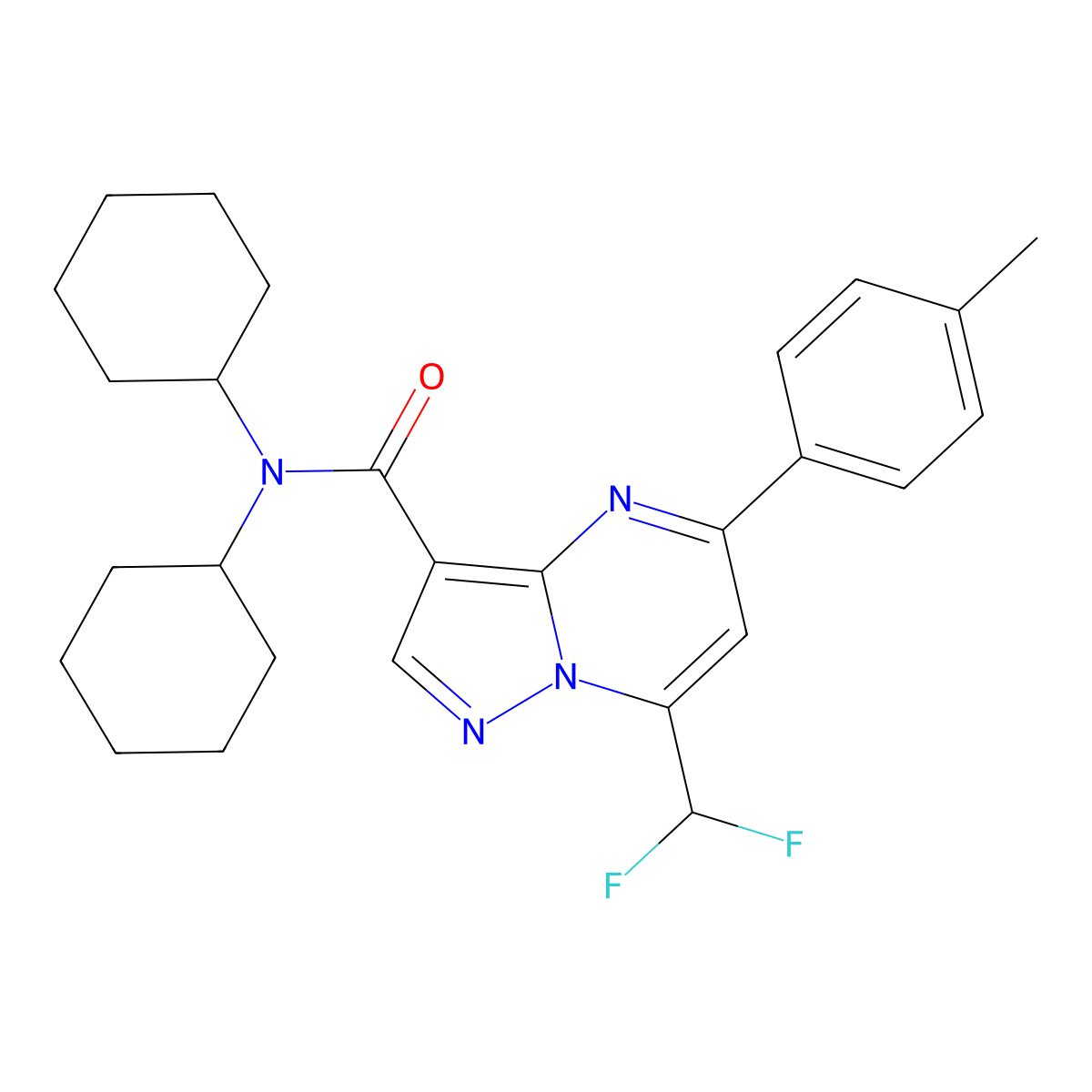 N,N-dicyclohexyl-7-(difluoromethyl)-5-(4-methylphenyl)pyrazolo[1,5-a]pyrimidine-3-carboxamide molecular structure, CAS 445038-14-2