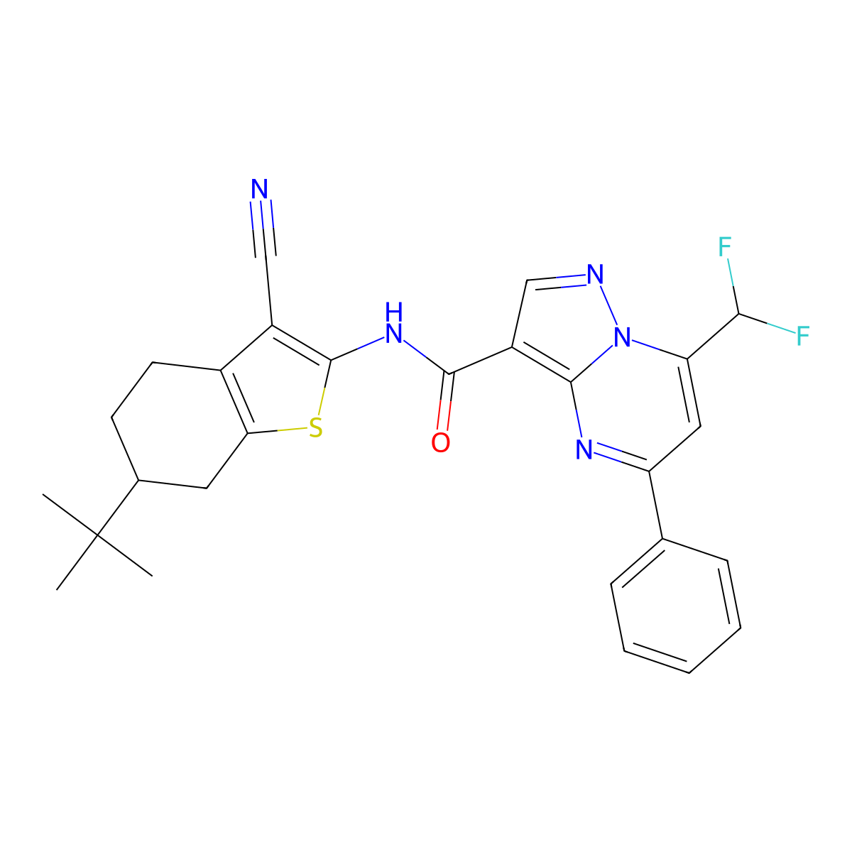 N-(6-tert-butyl-3-cyano-4,5,6,7-tetrahydro-1-benzothiophen-2-yl)-7-(difluoromethyl)-5-phenylpyrazolo[1,5-a]pyrimidine-3-carboxamide molecular structure, CAS 445038-20-0