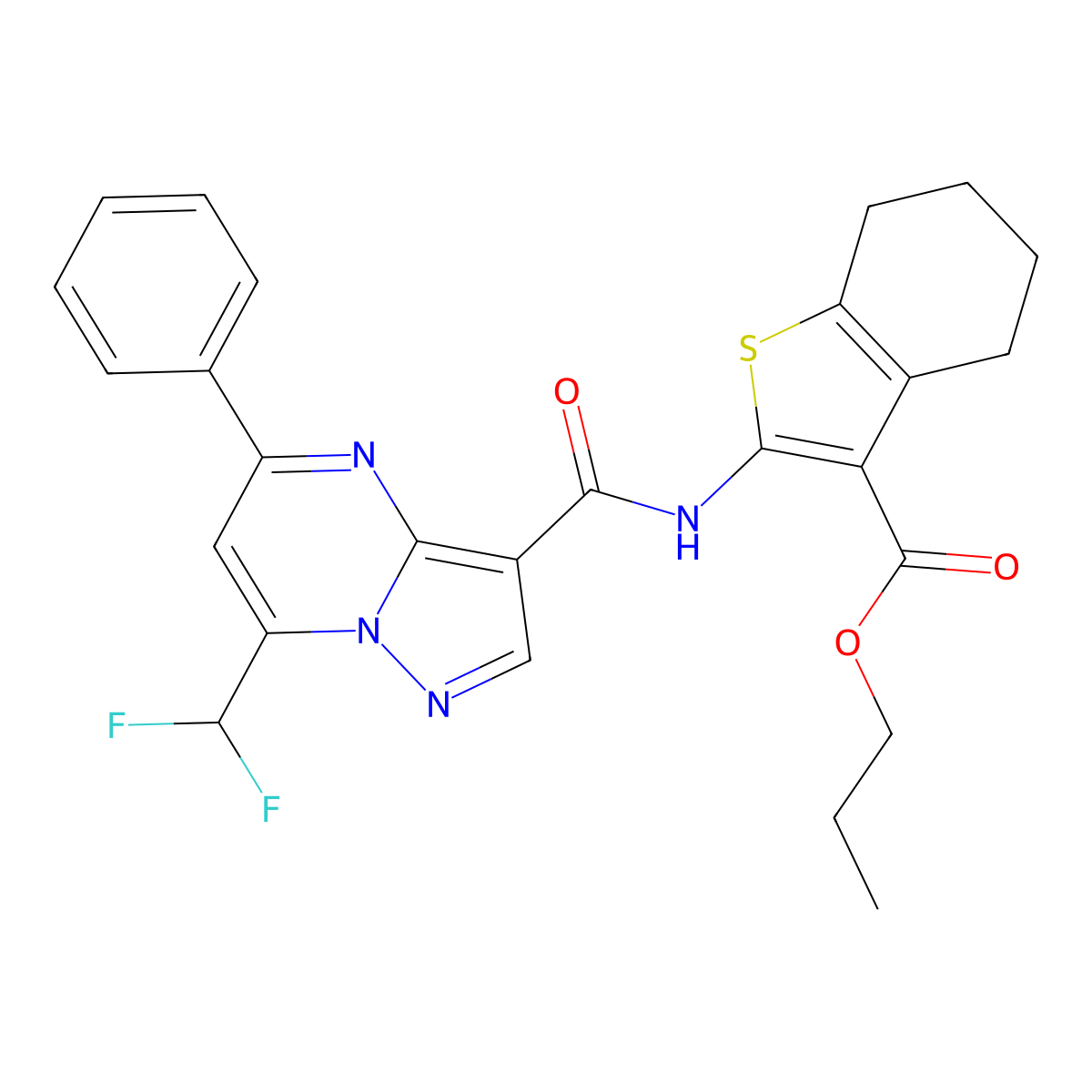 Propyl 2-({[7-(difluoromethyl)-5-phenylpyrazolo[1,5-a]pyrimidin-3-yl]carbonyl}amino)-4,5,6,7-tetrahydro-1-benzothiophene-3-carboxylate molecular structure, CAS 445038-29-9