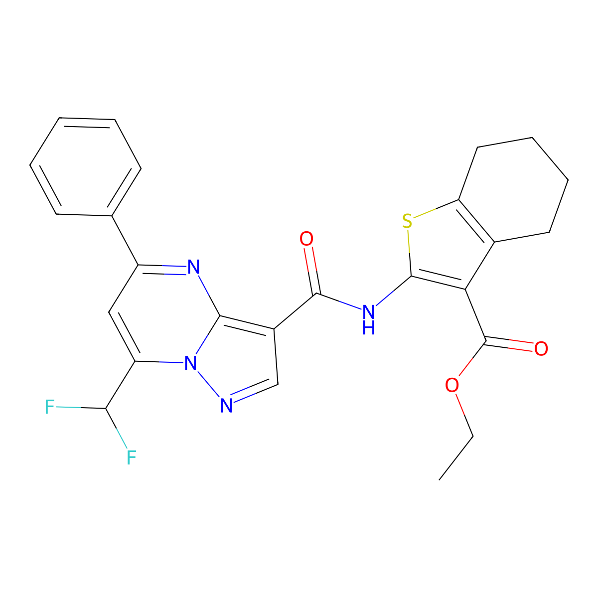 Ethyl 2-({[7-(difluoromethyl)-5-phenylpyrazolo[1,5-a]pyrimidin-3-yl]carbonyl}amino)-4,5,6,7-tetrahydro-1-benzothiophene-3-carboxylate molecular structure, CAS 445038-31-3