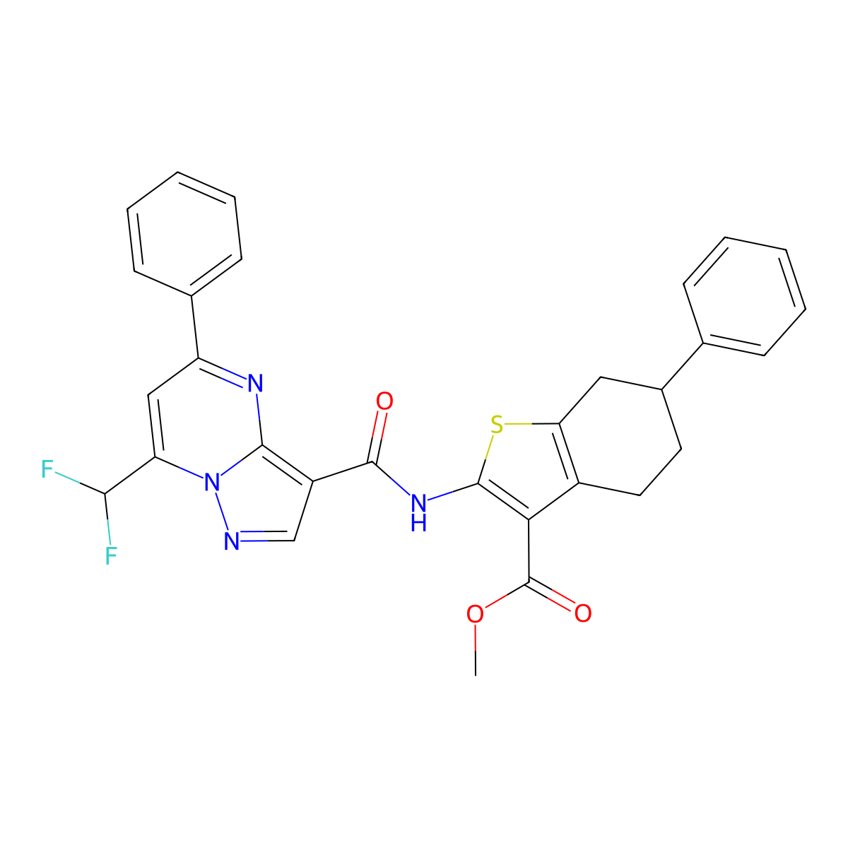 Methyl 2-({[7-(difluoromethyl)-5-phenylpyrazolo[1,5-a]pyrimidin-3-yl]carbonyl}amino)-6-phenyl-4,5,6,7-tetrahydro-1-benzothiophene-3-carboxylate molecular structure, CAS 445038-43-7