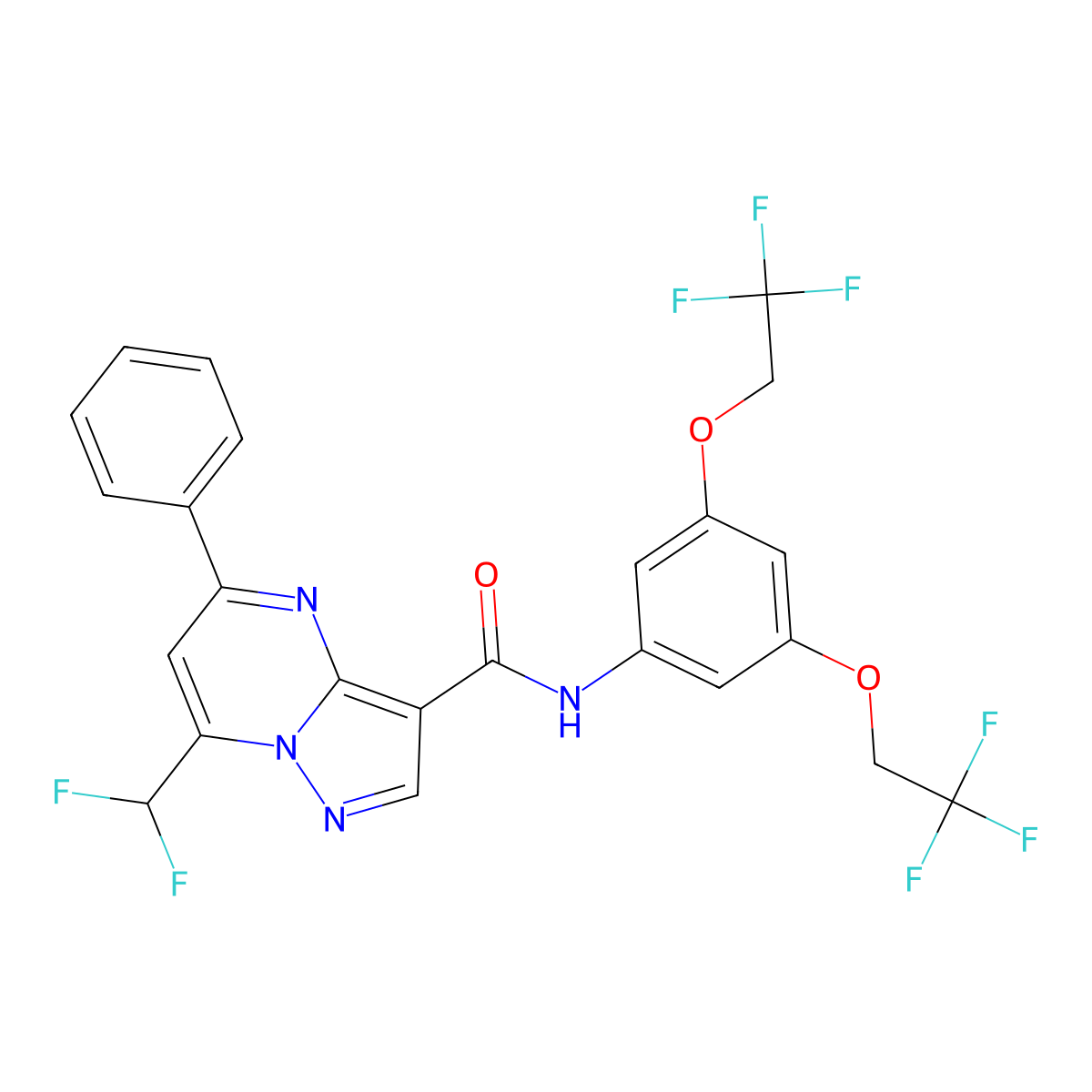 N-[3,5-bis(2,2,2-trifluoroethoxy)phenyl]-7-(difluoromethyl)-5-phenylpyrazolo[1,5-a]pyrimidine-3-carboxamide molecular structure, CAS 445038-53-9