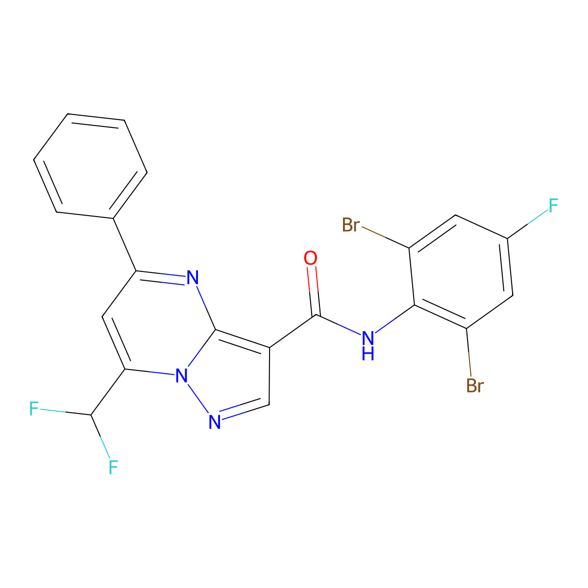 N-(2,6-dibromo-4-fluorophenyl)-7-(difluoromethyl)-5-phenylpyrazolo[1,5-a]pyrimidine-3-carboxamide molecular structure, CAS 445039-02-1