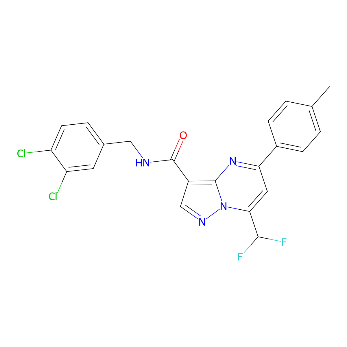 N-(3,4-dichlorobenzyl)-7-(difluoromethyl)-5-(4-methylphenyl)pyrazolo[1,5-a]pyrimidine-3-carboxamide molecular structure, CAS 445039-31-6