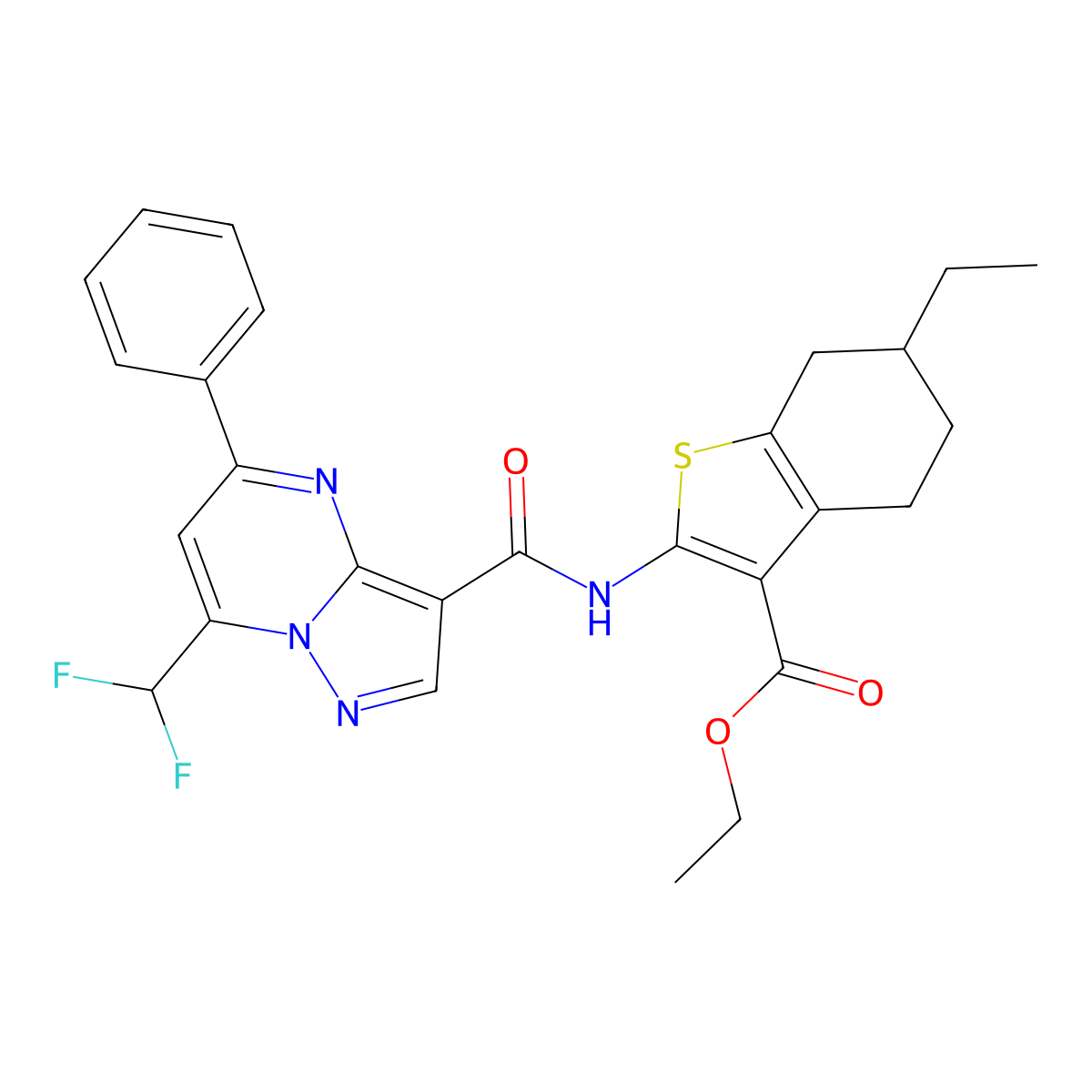 Ethyl 2-({[7-(difluoromethyl)-5-phenylpyrazolo[1,5-a]pyrimidin-3-yl]carbonyl}amino)-6-ethyl-4,5,6,7-tetrahydro-1-benzothiophene-3-carboxylate molecular structure, CAS 445039-32-7