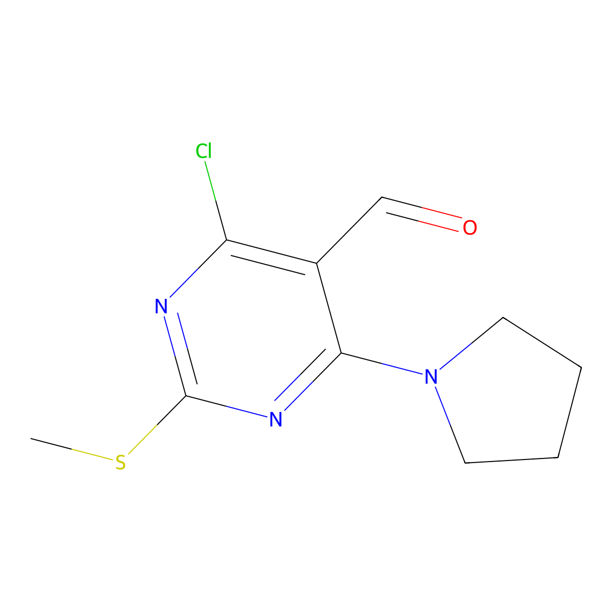 4-Chloro-2-methylsulfanyl-6-pyrrolidin-1-yl-pyrimidine-5-carbaldehyde molecular structure, CAS 445040-59-5