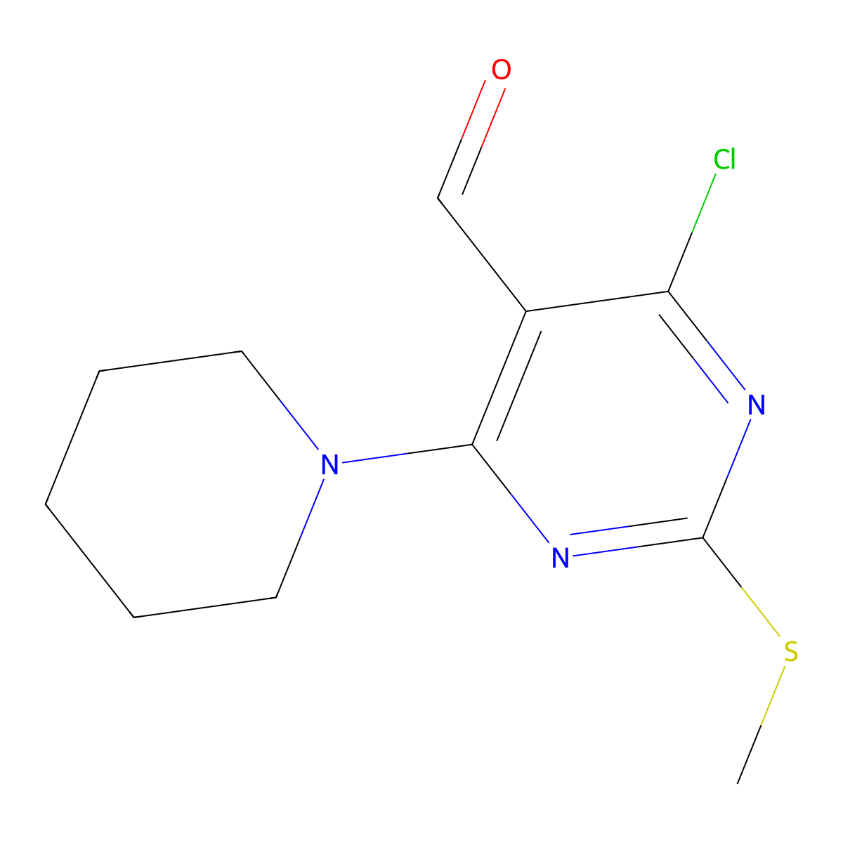 4-Chloro-2-(methylsulfanyl)-6-(1-piperidinyl)-5-pyrimidinecarbaldehyde molecular structure, CAS 445040-60-8