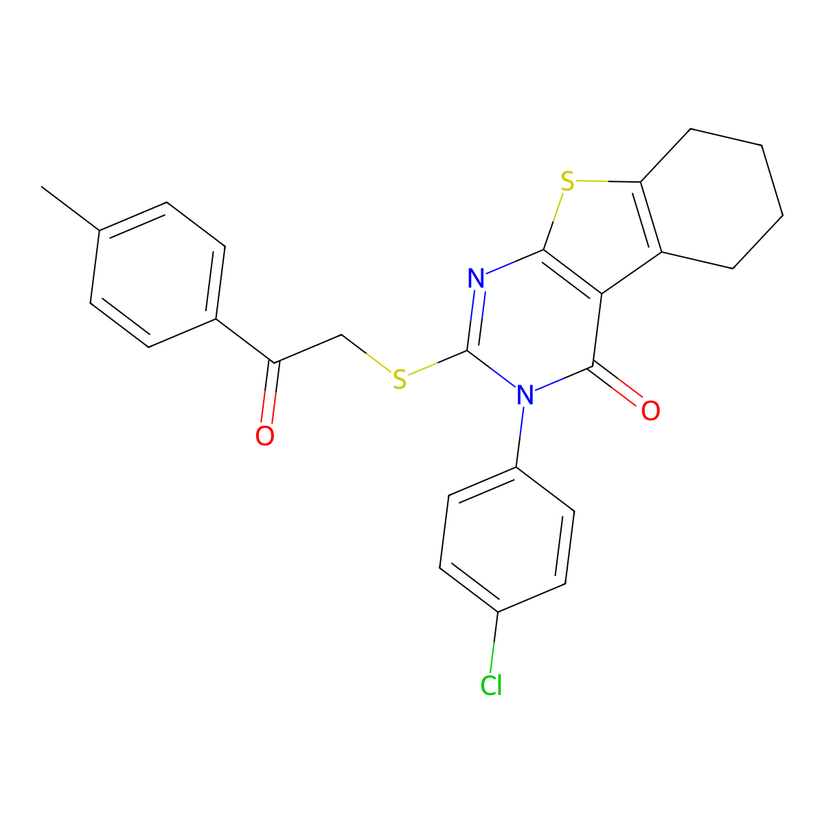 3-(4-Chlorophenyl)-2-((2-(4-methylphenyl)-2-oxoethyl)sulfanyl)-5,6,7,8-tetrahydro(1)benzothieno(2,3-D)pyrimidin-4(3H)-one molecular structure, CAS 445220-56-4