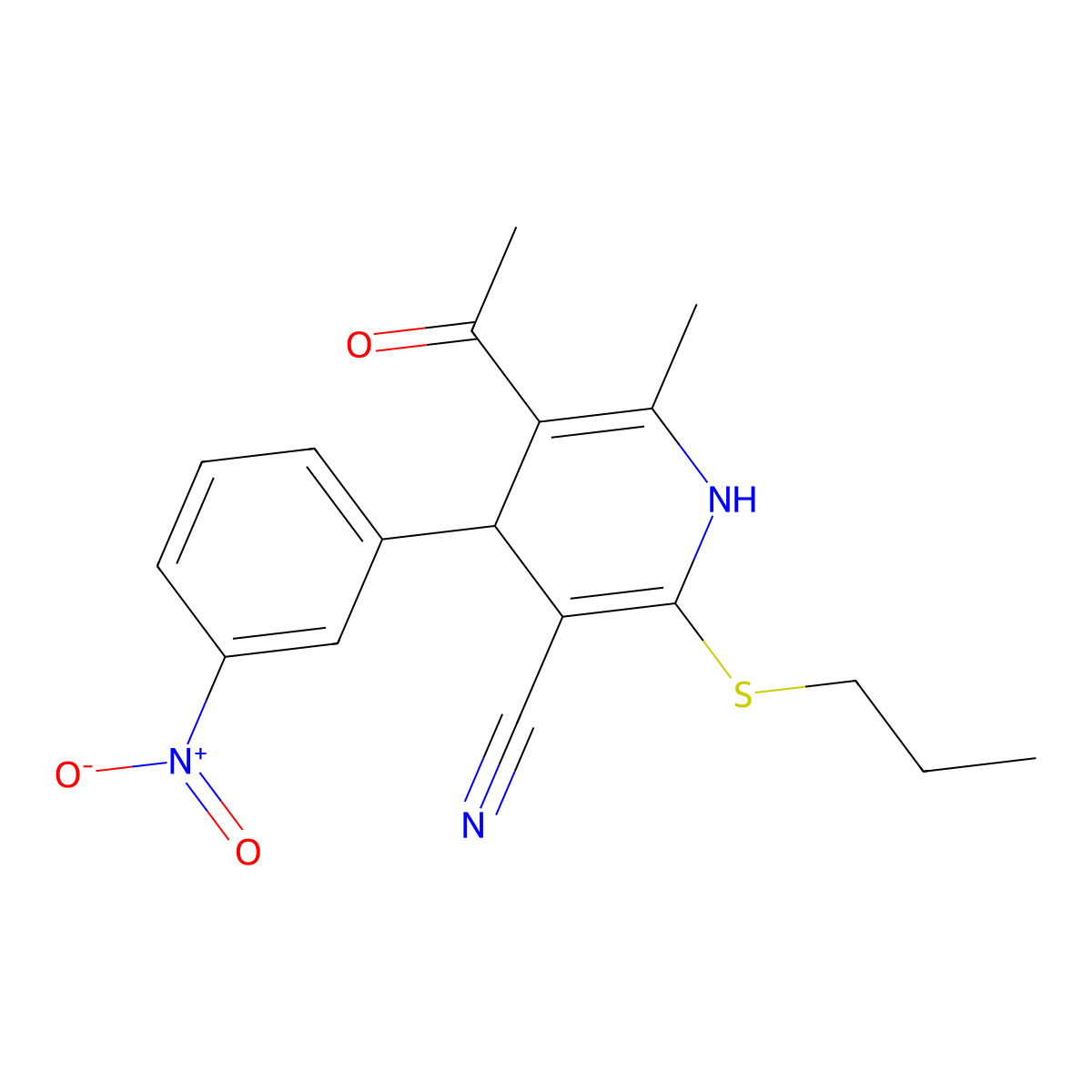5-Acetyl-4-{3-nitrophenyl}-6-methyl-2-(propylsulfanyl)-1,4-dihydropyridine-3-carbonitrile molecular structure, CAS 445221-01-2
