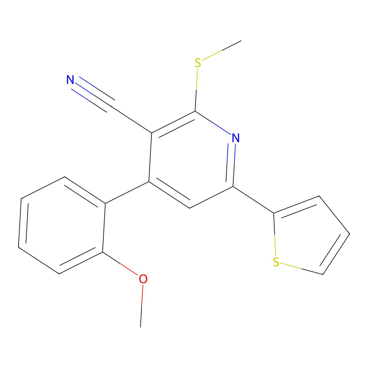 4-(2-Methoxyphenyl)-2-methylsulfanyl-6-thiophen-2-ylpyridine-3-carbonitrile molecular structure, CAS 445221-95-4
