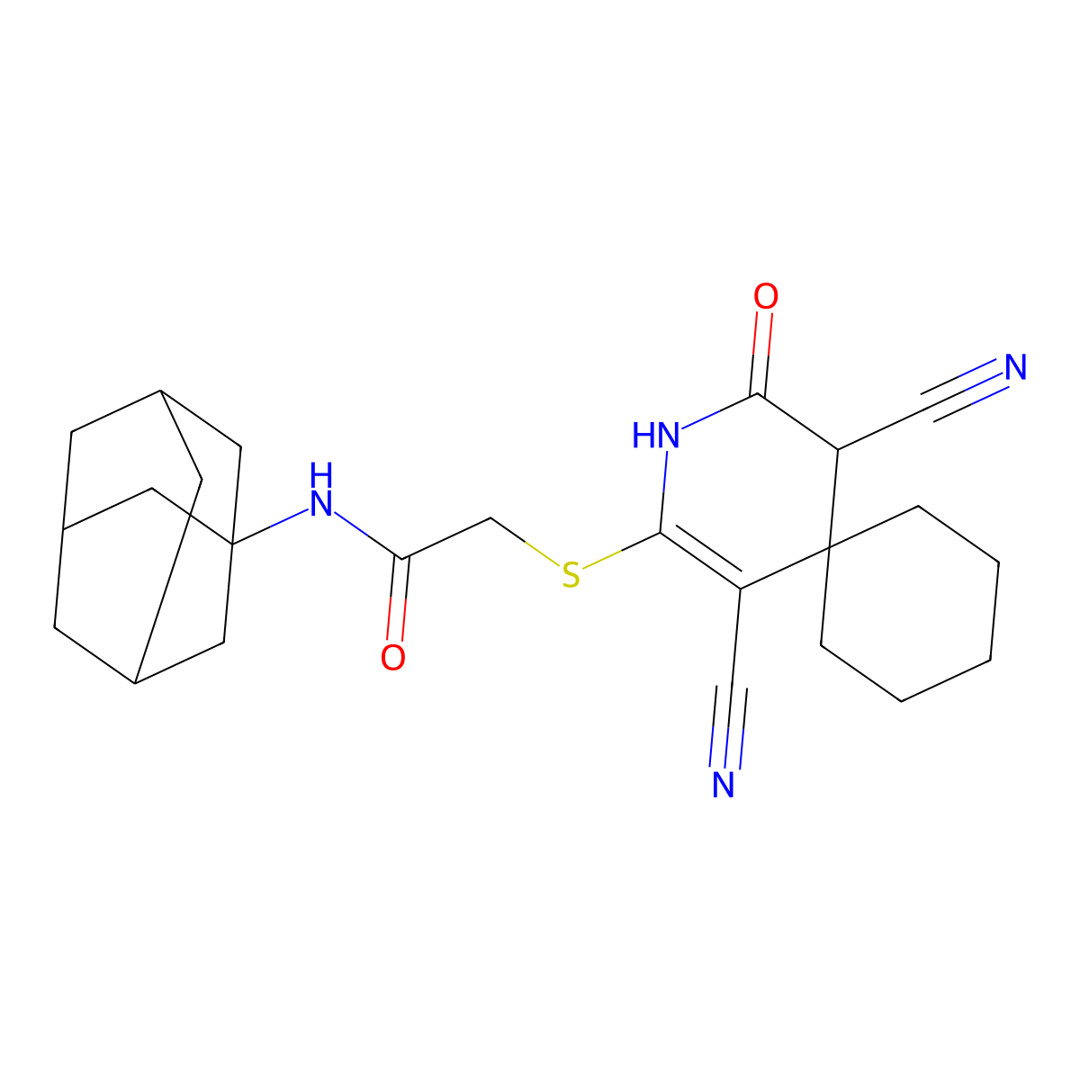 N-1-adamantyl-2-[(1,5-dicyano-4-oxo-3-azaspiro[5.5]undec-1-en-2-yl)thio]acetamide molecular structure, CAS 445222-03-7