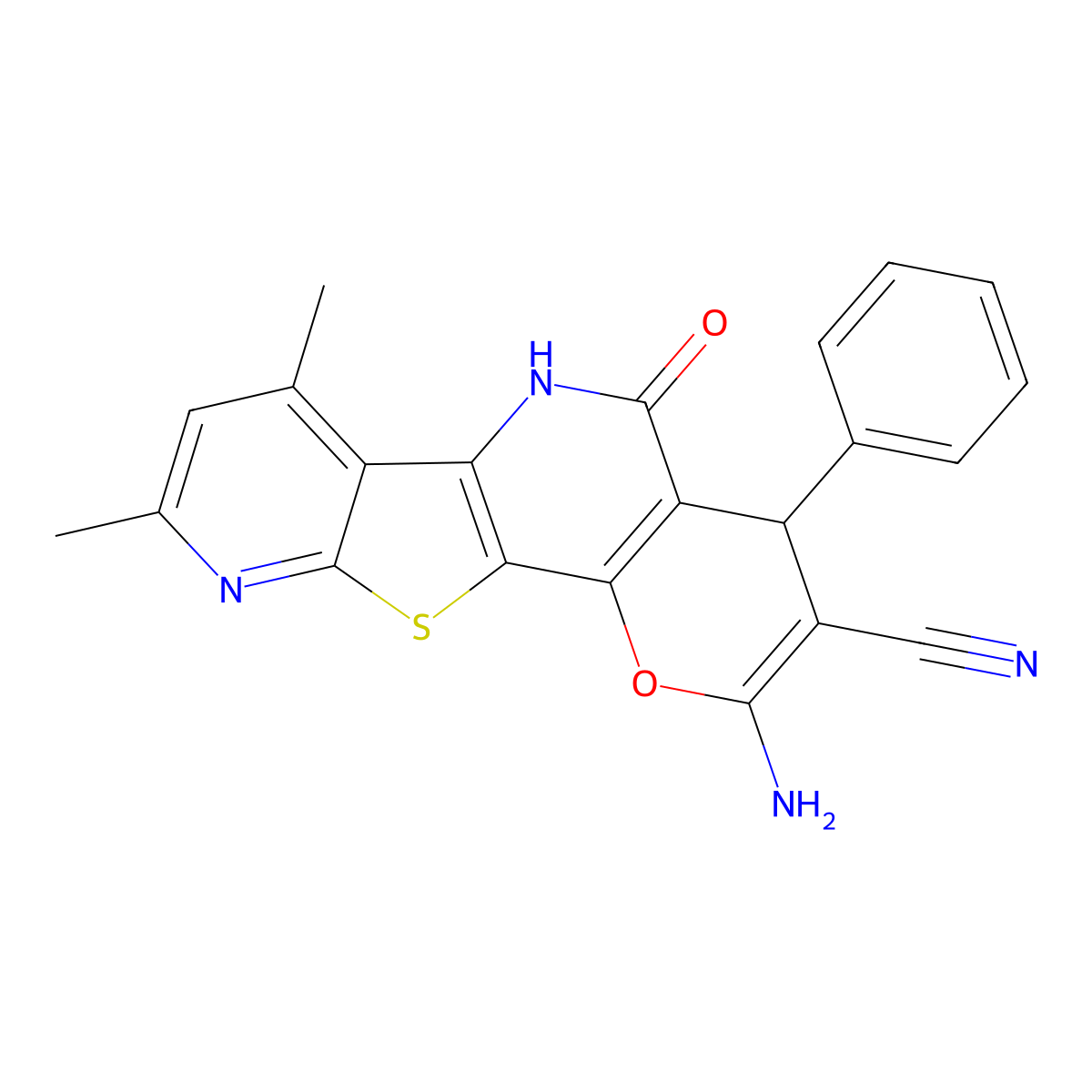 2-amino-7,9-dimethyl-5-oxo-4-phenyl-5,6-dihydro-4H-pyrano[2,3-d]pyrido[3',2':4,5]thieno[3,2-b]pyridine-3-carbonitrile molecular structure, CAS 445222-21-9
