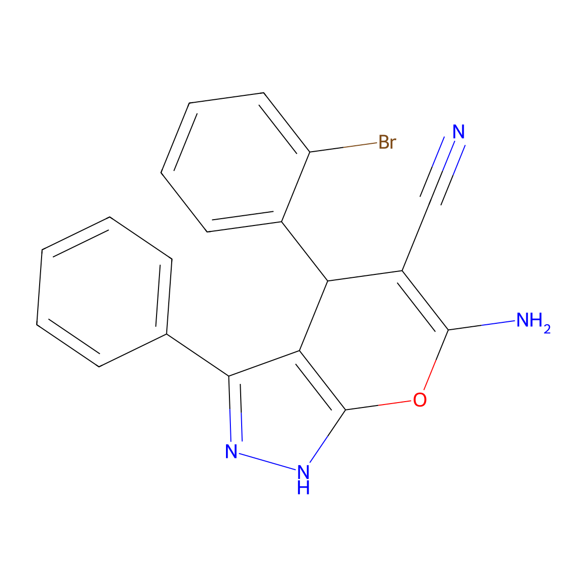6-Amino-4-(2-bromophenyl)-3-phenyl-1,4-dihydropyrano[2,3-c]pyrazole-5-carbonitrile molecular structure, CAS 445222-32-2
