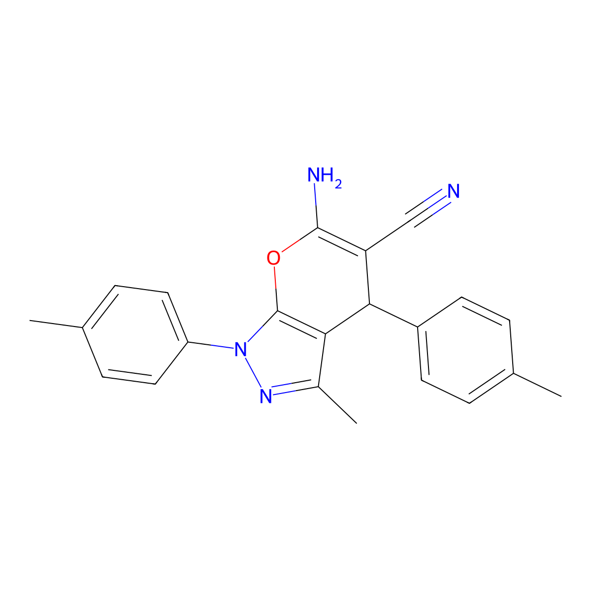 6-Amino-3-methyl-1,4-bis(4-methylphenyl)-1,4-dihydropyrano[2,3-c]pyrazole-5-carbonitrile molecular structure, CAS 445222-36-6