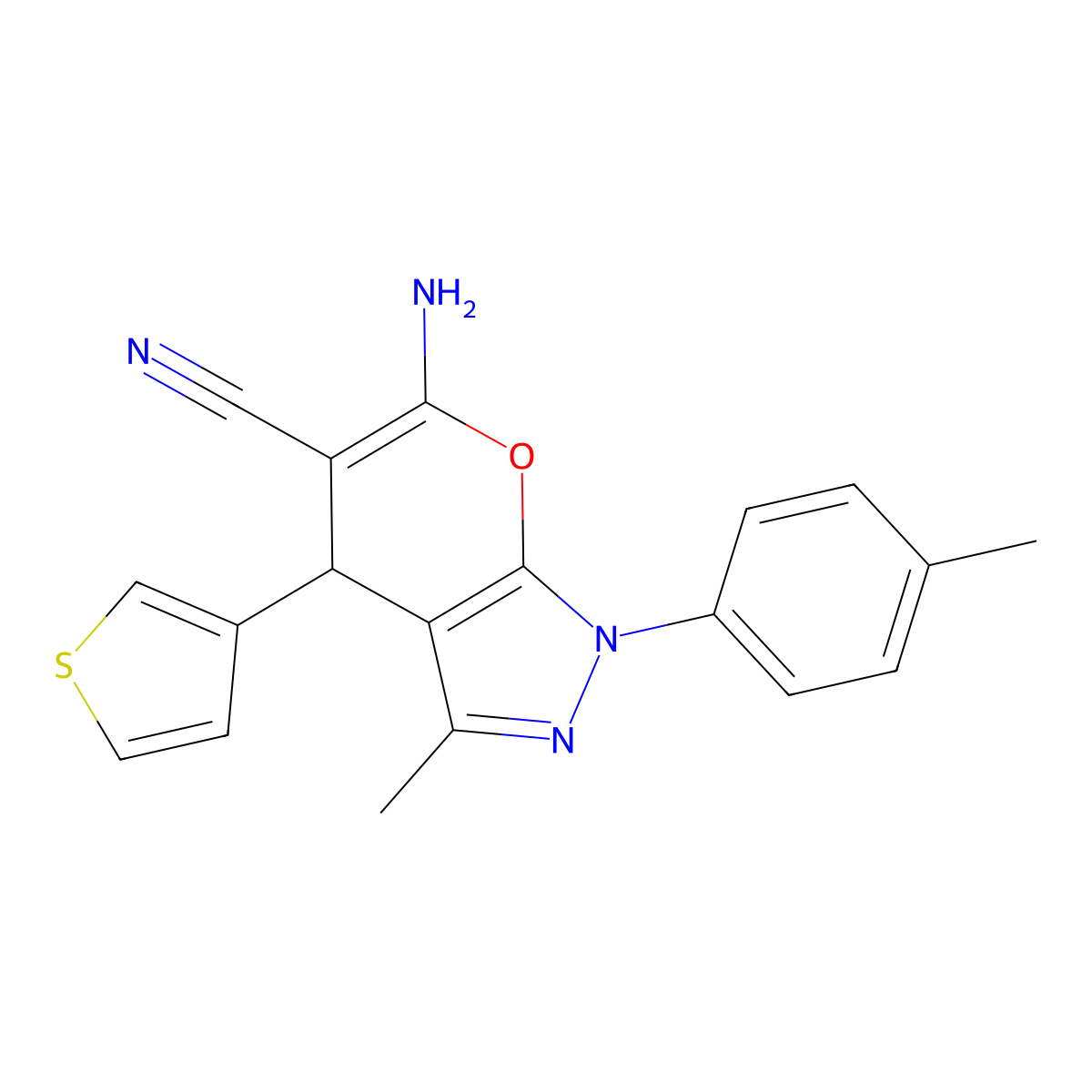 6-amino-3-methyl-1-(4-methylphenyl)-4-thiophen-3-yl-4H-pyrano[2,3-c]pyrazole-5-carbonitrile molecular structure, CAS 445222-37-7