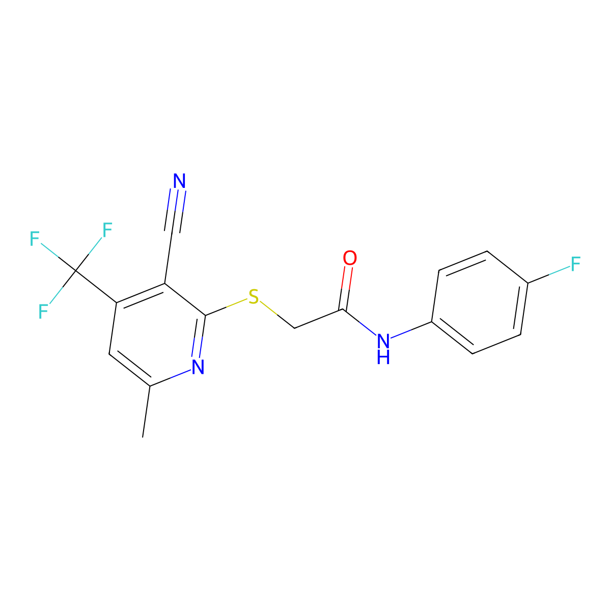 2-{[3-cyano-6-methyl-4-(trifluoromethyl)pyridin-2-yl]sulfanyl}-N-(4-fluorophenyl)acetamide molecular structure, CAS 445222-40-2