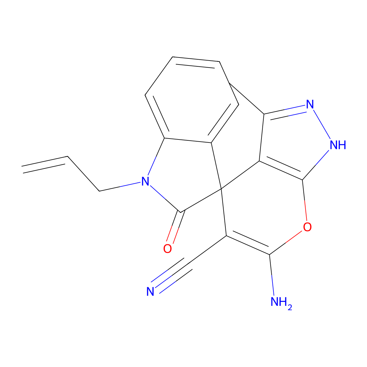 1'-allyl-6-amino-5-cyano-3-methyl-2'-oxo-1,1',3',4-tetrahydrospiro(pyrano[2,3-c]pyrazole-4,3'-[2'H]-indole) molecular structure, CAS 445222-49-1