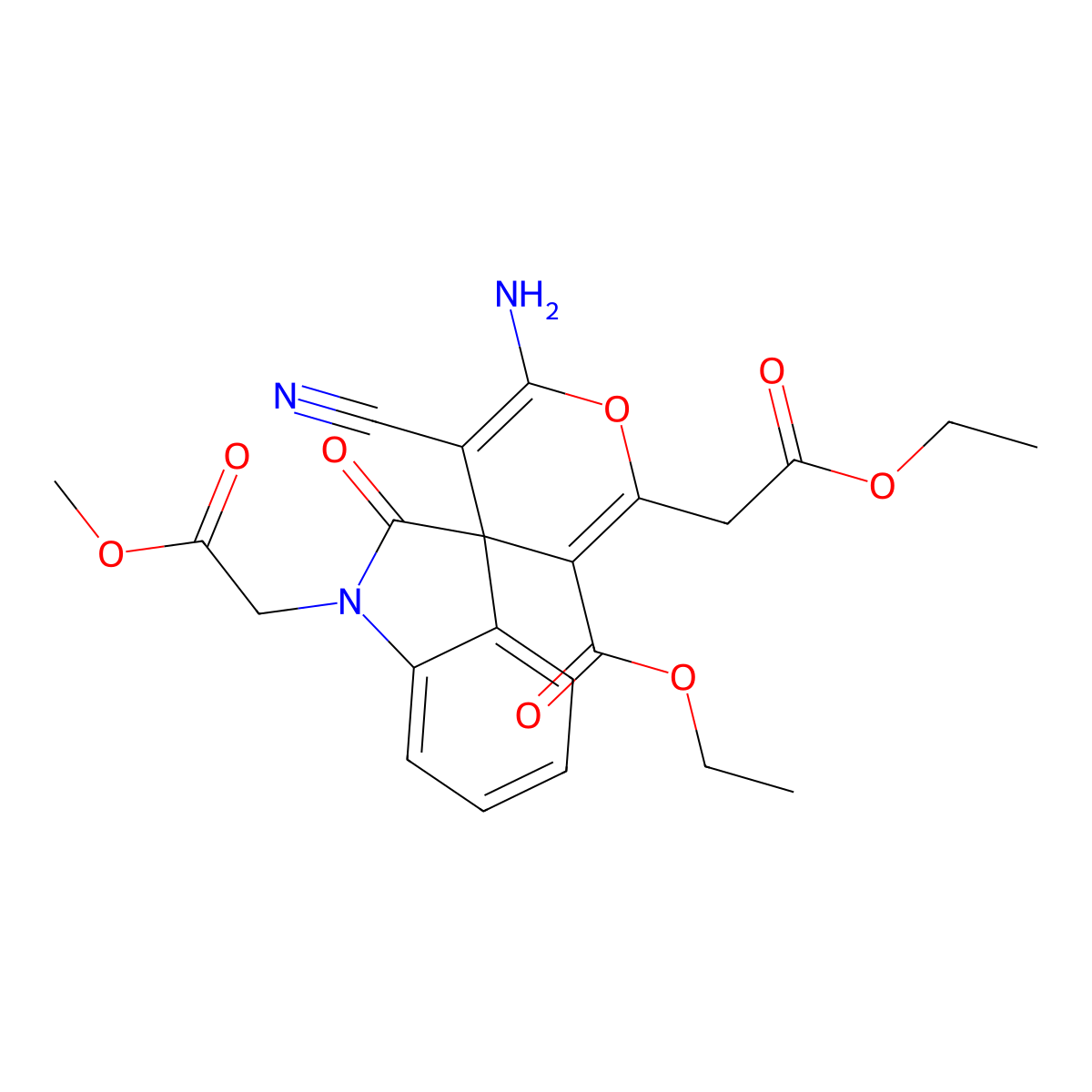 Ethyl 6'-amino-5'-cyano-2'-(2-ethoxy-2-oxoethyl)-1-(2-methoxy-2-oxoethyl)-2-oxospiro[indole-3,4'-pyran]-3'-carboxylate molecular structure, CAS 445222-54-8