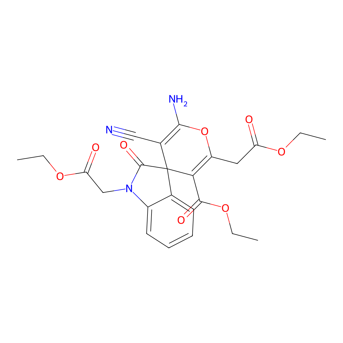 Ethyl 6'-amino-5'-cyano-1,2'-bis(2-ethoxy-2-oxoethyl)-2-oxospiro[indole-3,4'-pyran]-3'-carboxylate molecular structure, CAS 445222-55-9