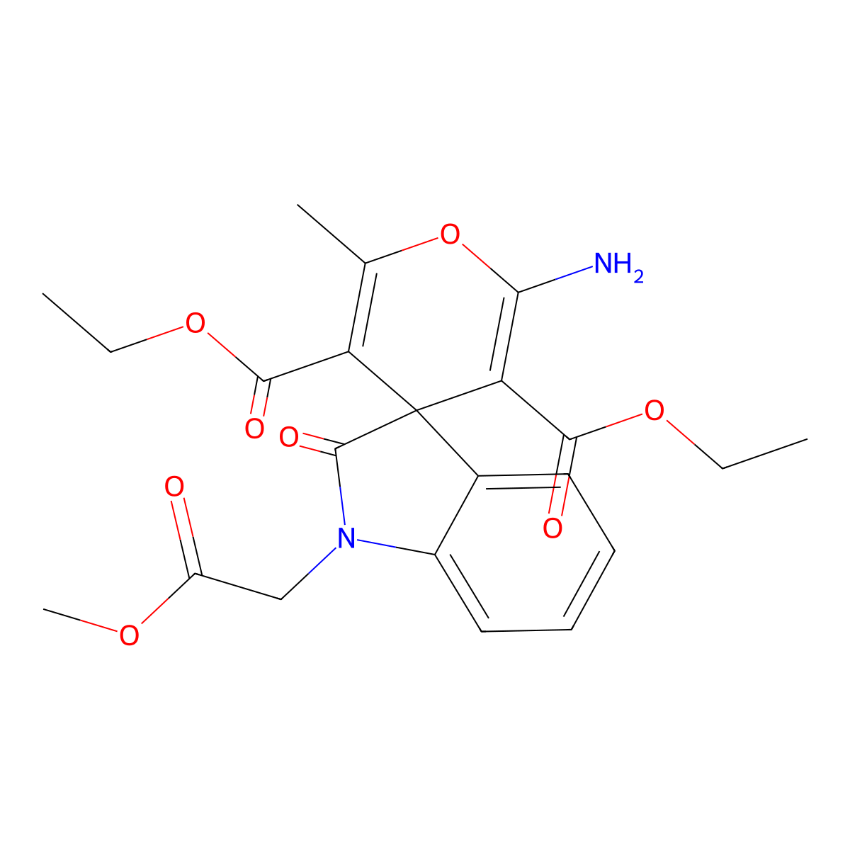 Diethyl 2'-amino-1-(2-methoxy-2-oxoethyl)-6'-methyl-2-oxospiro[indole-3,4'-pyran]-3',5'-dicarboxylate molecular structure, CAS 445222-58-2