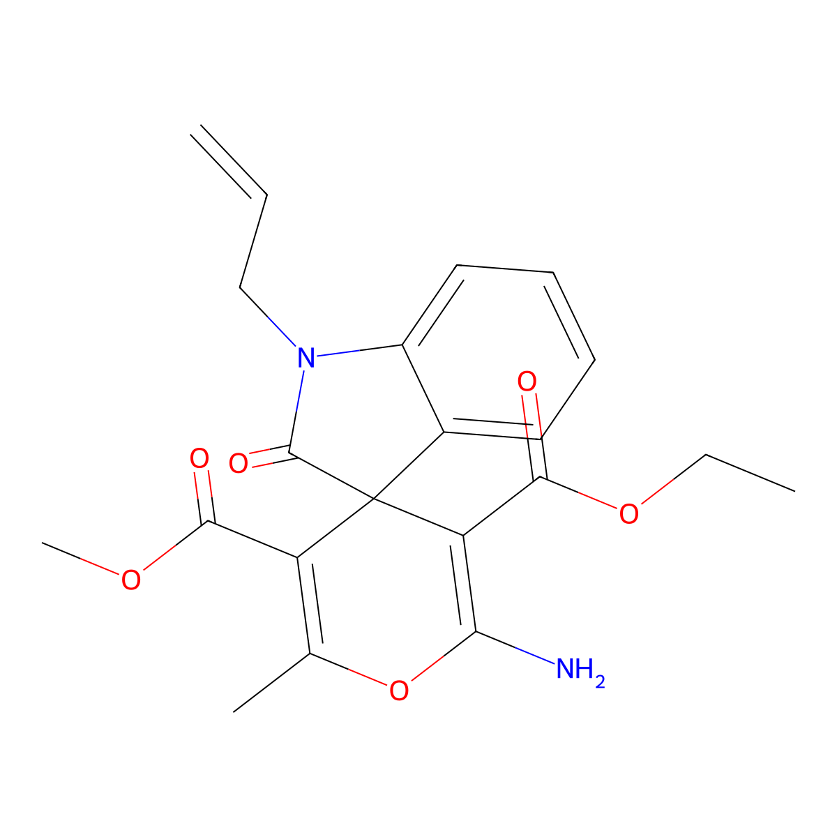 3-O'-ethyl 5-O'-methyl 2'-amino-6'-methyl-2-oxo-1-prop-2-enylspiro[indole-3,4'-pyran]-3',5'-dicarboxylate molecular structure, CAS 445222-61-7