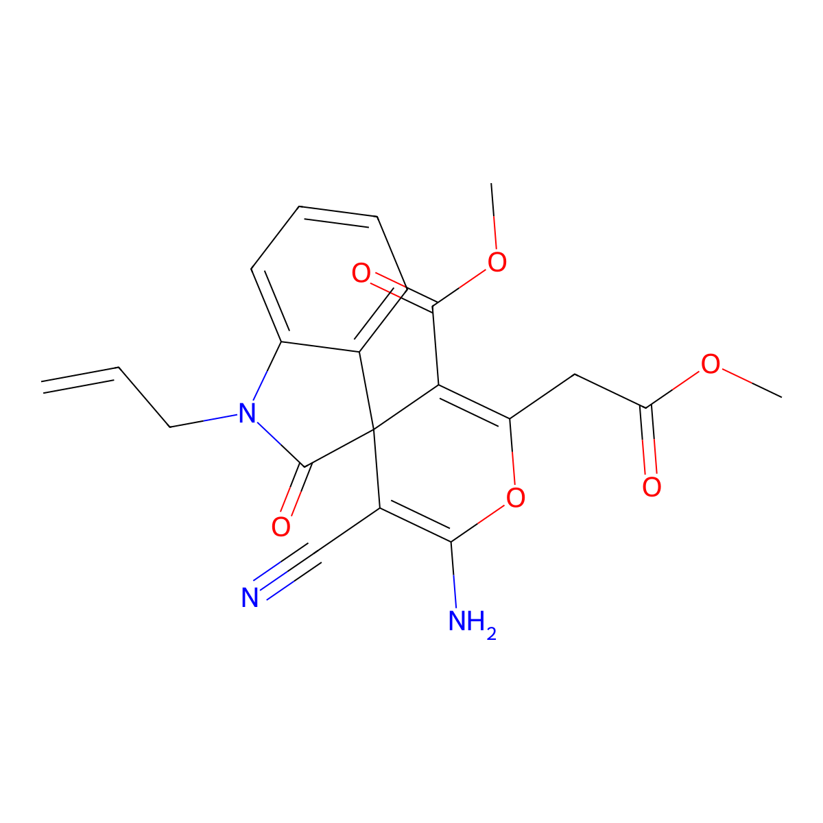 Methyl 6'-amino-5'-cyano-2'-(2-methoxy-2-oxoethyl)-2-oxo-1-prop-2-enylspiro[indole-3,4'-pyran]-3'-carboxylate molecular structure, CAS 445222-64-0