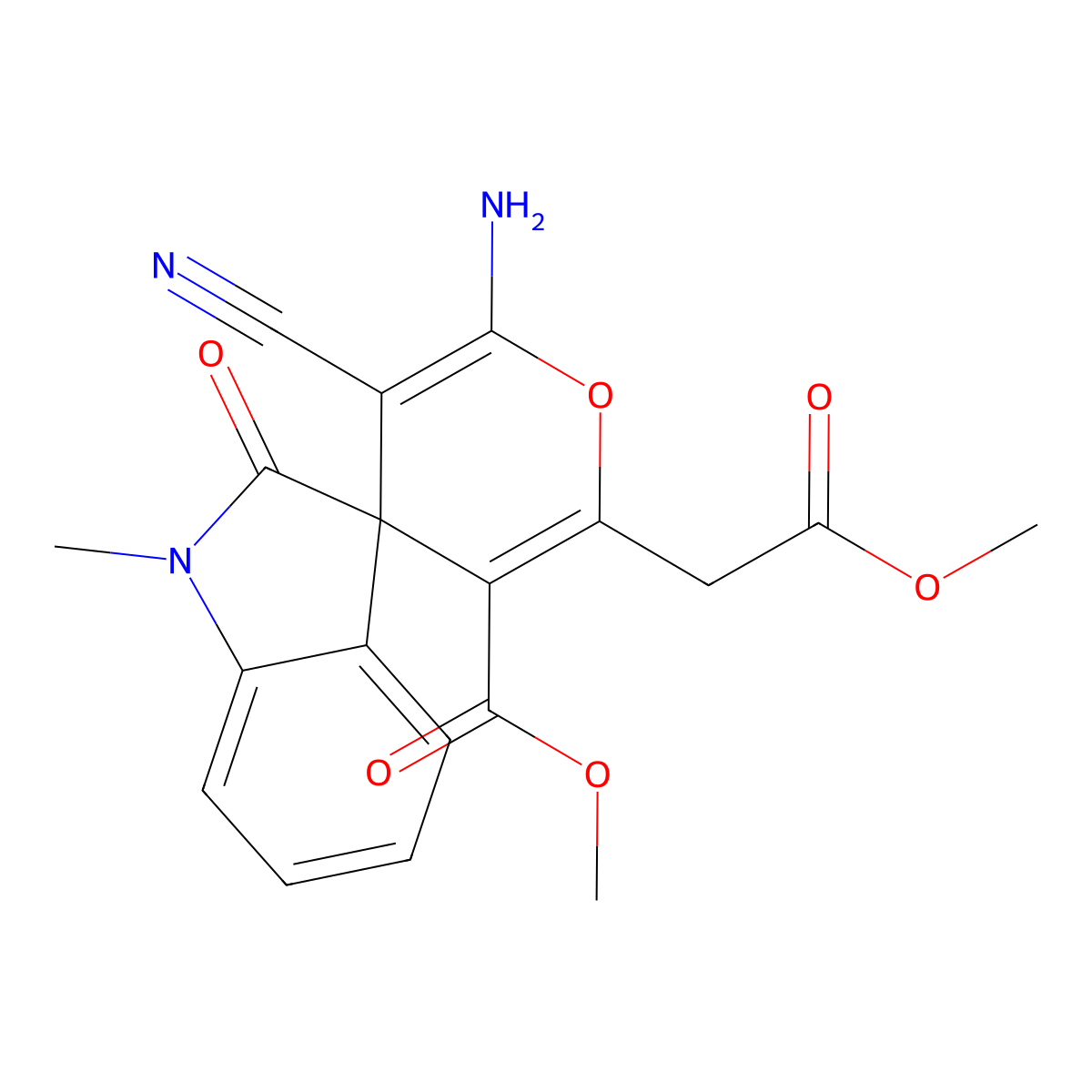 Methyl 6'-amino-5'-cyano-2'-(2-methoxy-2-oxoethyl)-1-methyl-2-oxospiro[indole-3,4'-pyran]-3'-carboxylate molecular structure, CAS 445222-65-1