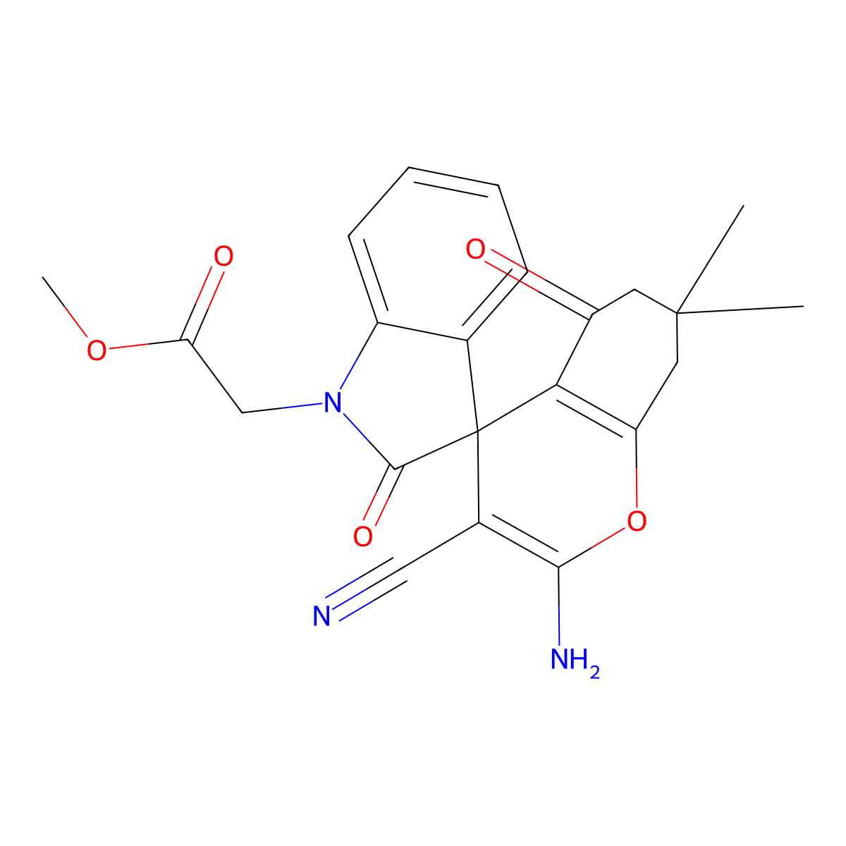 Methyl 2-(2-amino-3-cyano-7,7-dimethyl-2',5-dioxospiro[6,8-dihydrochromene-4,3'-indole]-1'-yl)acetate molecular structure, CAS 445222-68-4