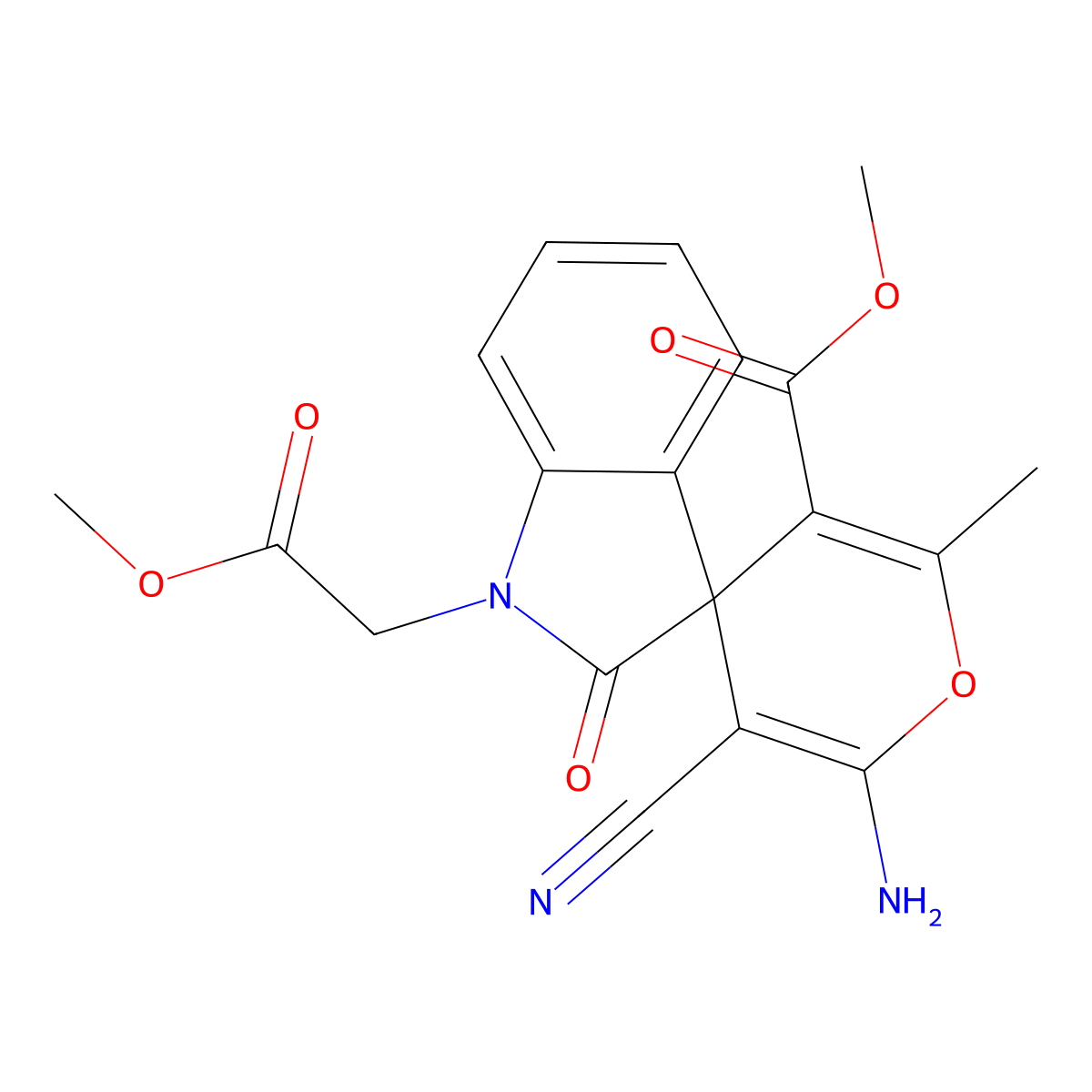 Methyl 6'-amino-5'-cyano-1-(2-methoxy-2-oxoethyl)-2'-methyl-2-oxospiro[indole-3,4'-pyran]-3'-carboxylate molecular structure, CAS 445222-73-1