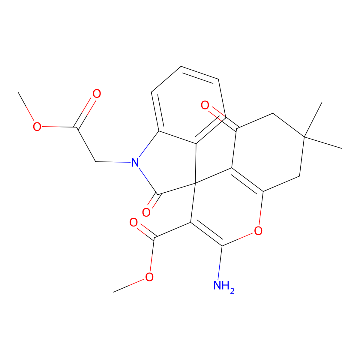 Methyl 2-amino-1'-(2-methoxy-2-oxoethyl)-7,7-dimethyl-2',5-dioxospiro[6,8-dihydrochromene-4,3'-indole]-3-carboxylate molecular structure, CAS 445222-75-3