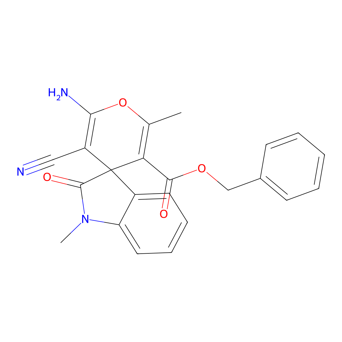 Benzyl 6'-amino-5'-cyano-1,2'-dimethyl-2-oxospiro[indole-3,4'-pyran]-3'-carboxylate molecular structure, CAS 445222-78-6