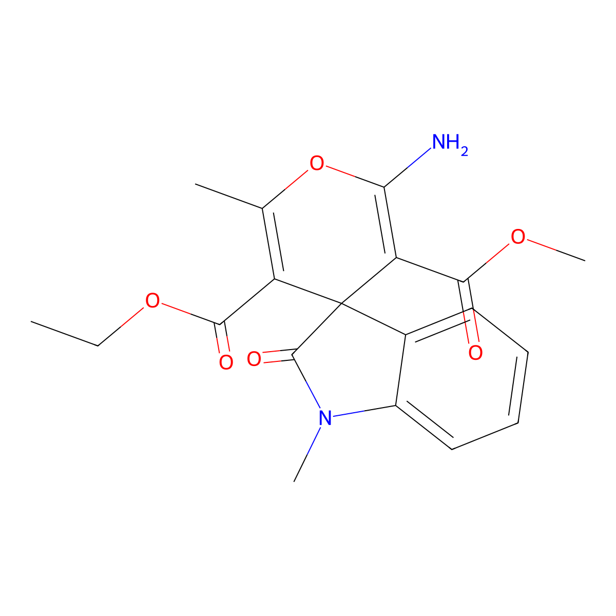 5-O'-ethyl 3-O'-methyl 2'-amino-1,6'-dimethyl-2-oxospiro[indole-3,4'-pyran]-3',5'-dicarboxylate molecular structure, CAS 445222-80-0