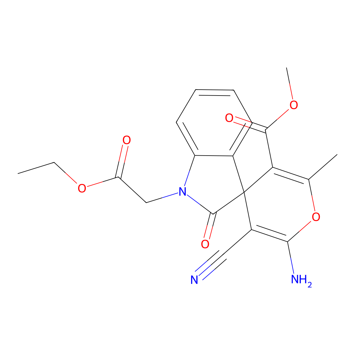 Methyl 6'-amino-5'-cyano-1-(2-ethoxy-2-oxoethyl)-2'-methyl-2-oxospiro[indole-3,4'-pyran]-3'-carboxylate molecular structure, CAS 445222-83-3