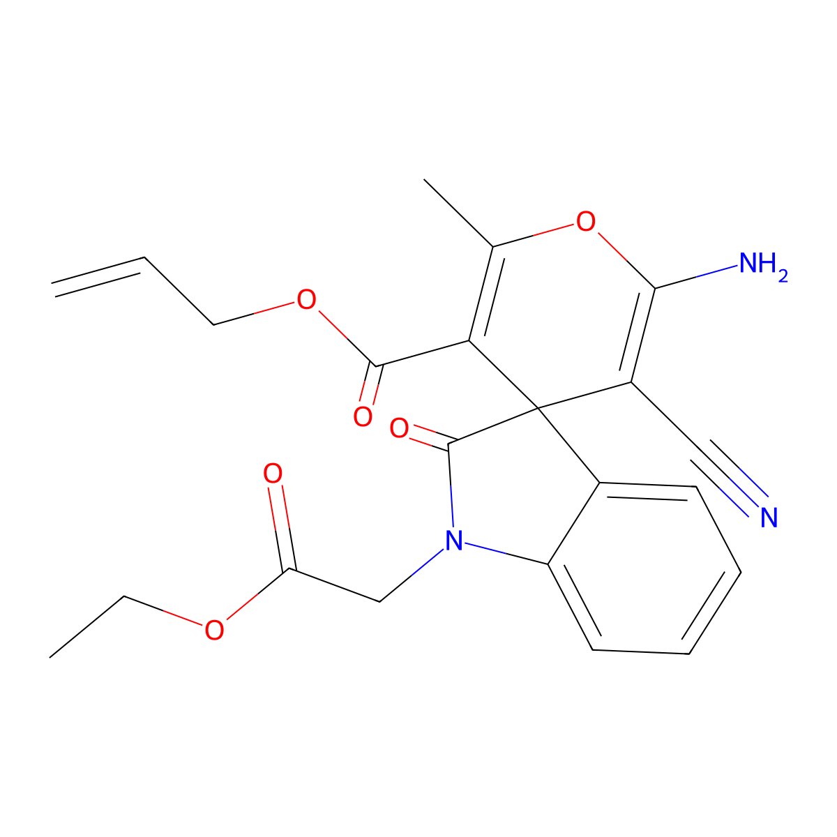 Prop-2-enyl 6'-amino-5'-cyano-1-(2-ethoxy-2-oxoethyl)-2'-methyl-2-oxospiro[indole-3,4'-pyran]-3'-carboxylate molecular structure, CAS 445222-84-4