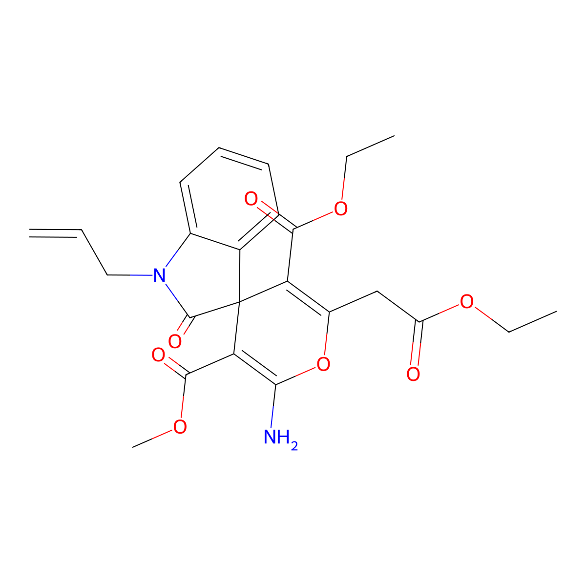 5-O'-ethyl 3-O'-methyl 2'-amino-6'-(2-ethoxy-2-oxoethyl)-2-oxo-1-prop-2-enylspiro[indole-3,4'-pyran]-3',5'-dicarboxylate molecular structure, CAS 445222-90-2