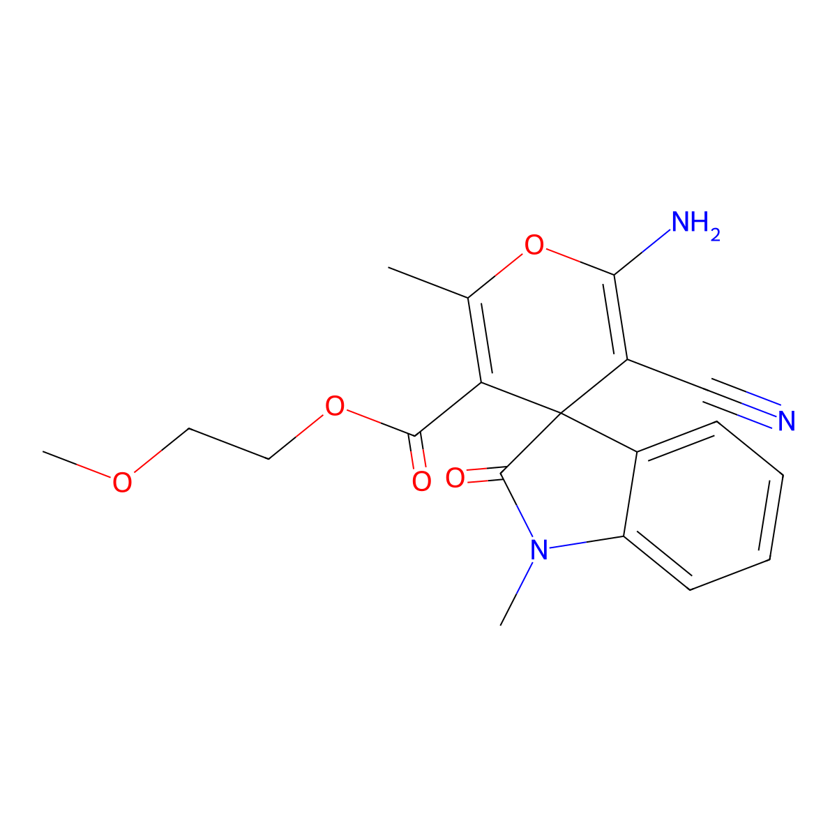 2-Methoxyethyl 6'-amino-5'-cyano-1,2'-dimethyl-2-oxospiro[indole-3,4'-pyran]-3'-carboxylate molecular structure, CAS 445222-92-4