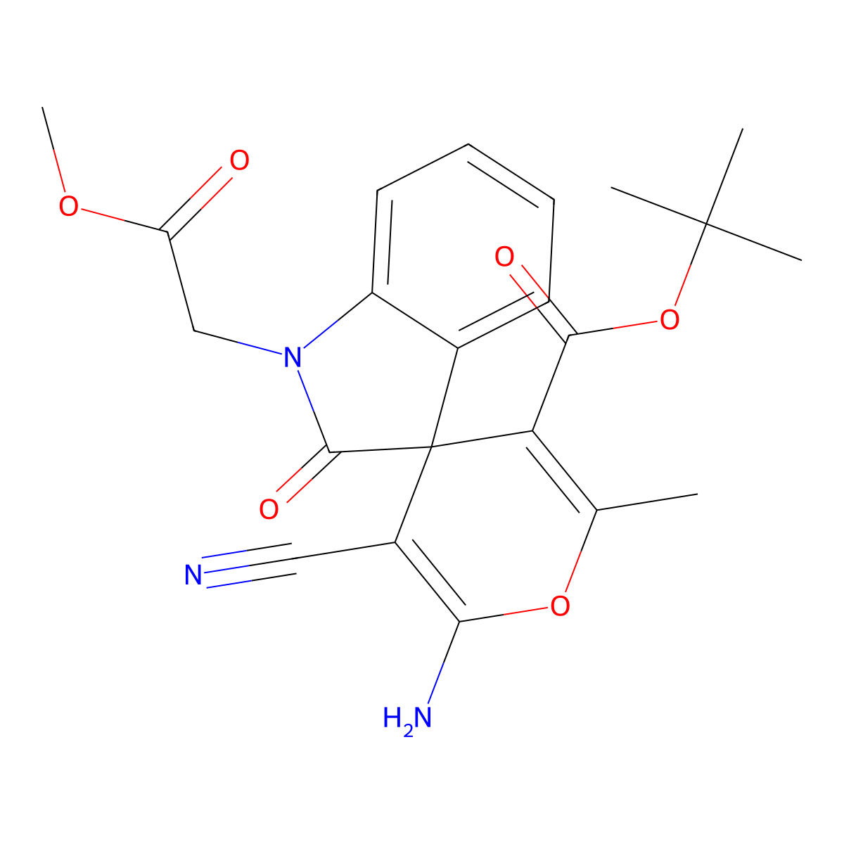 Tert-butyl 6'-amino-5'-cyano-1-(2-methoxy-2-oxoethyl)-2'-methyl-2-oxospiro[indole-3,4'-pyran]-3'-carboxylate molecular structure, CAS 445222-93-5