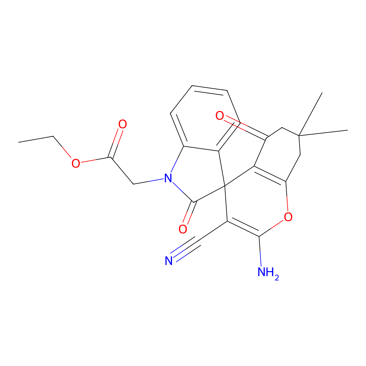 Ethyl 2-(2-amino-3-cyano-7,7-dimethyl-2',5-dioxospiro[6,8-dihydrochromene-4,3'-indole]-1'-yl)acetate molecular structure, CAS 445222-94-6