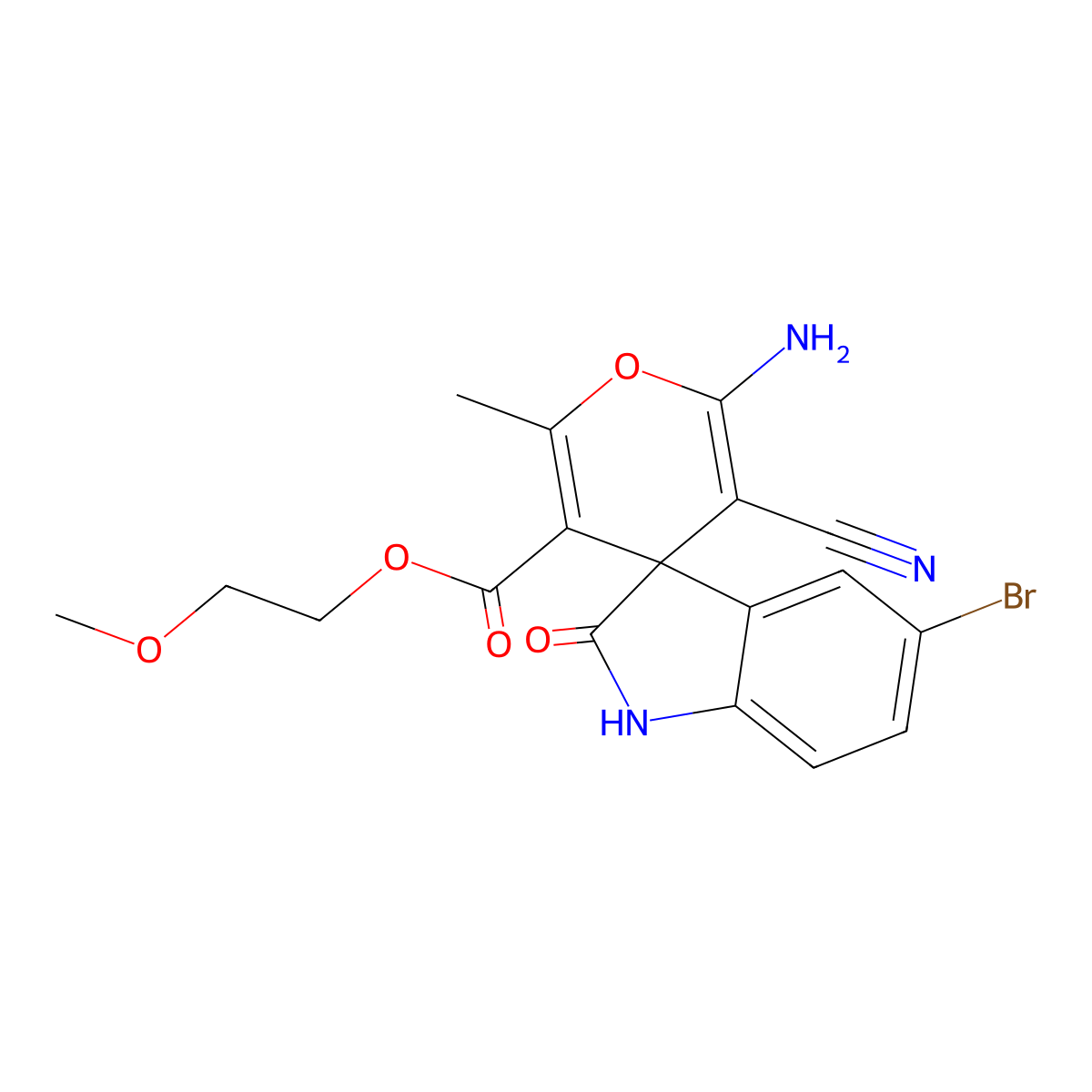 2-methoxyethyl 6'-amino-5-bromo-5'-cyano-2'-methyl-2-oxospiro[1H-indole-3,4'-pyran]-3'-carboxylate molecular structure, CAS 445222-97-9